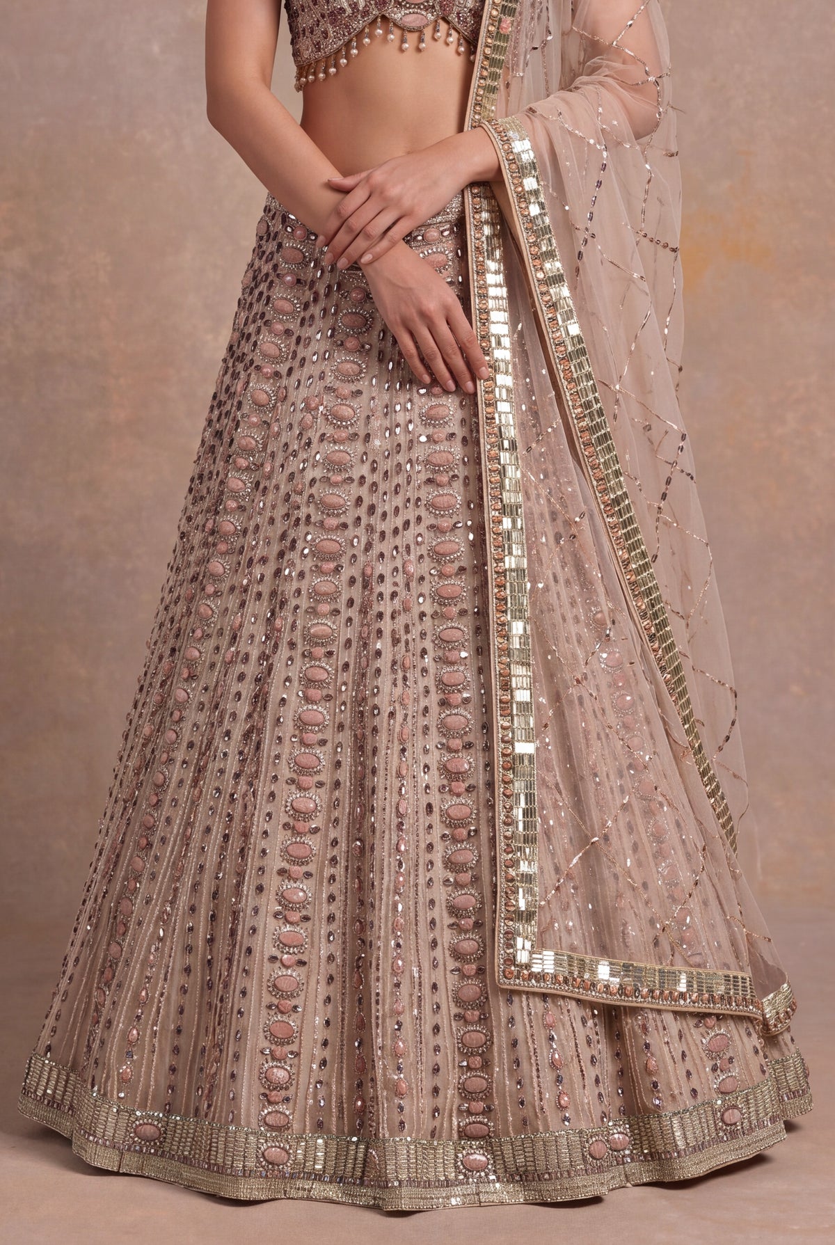 Light Peach Silk Lehenga Set with Stone and Pearl Embroidery - Mokshaa