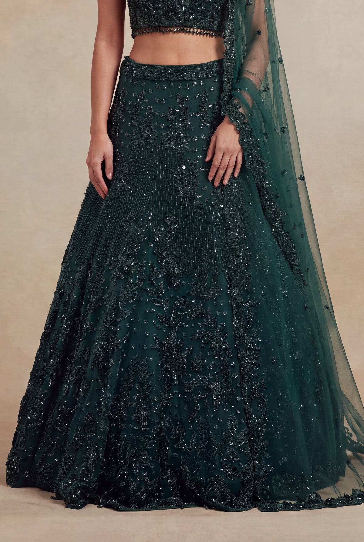 Bottle Green Net Lehenga with Sequin & Beadwork - Mokshaa