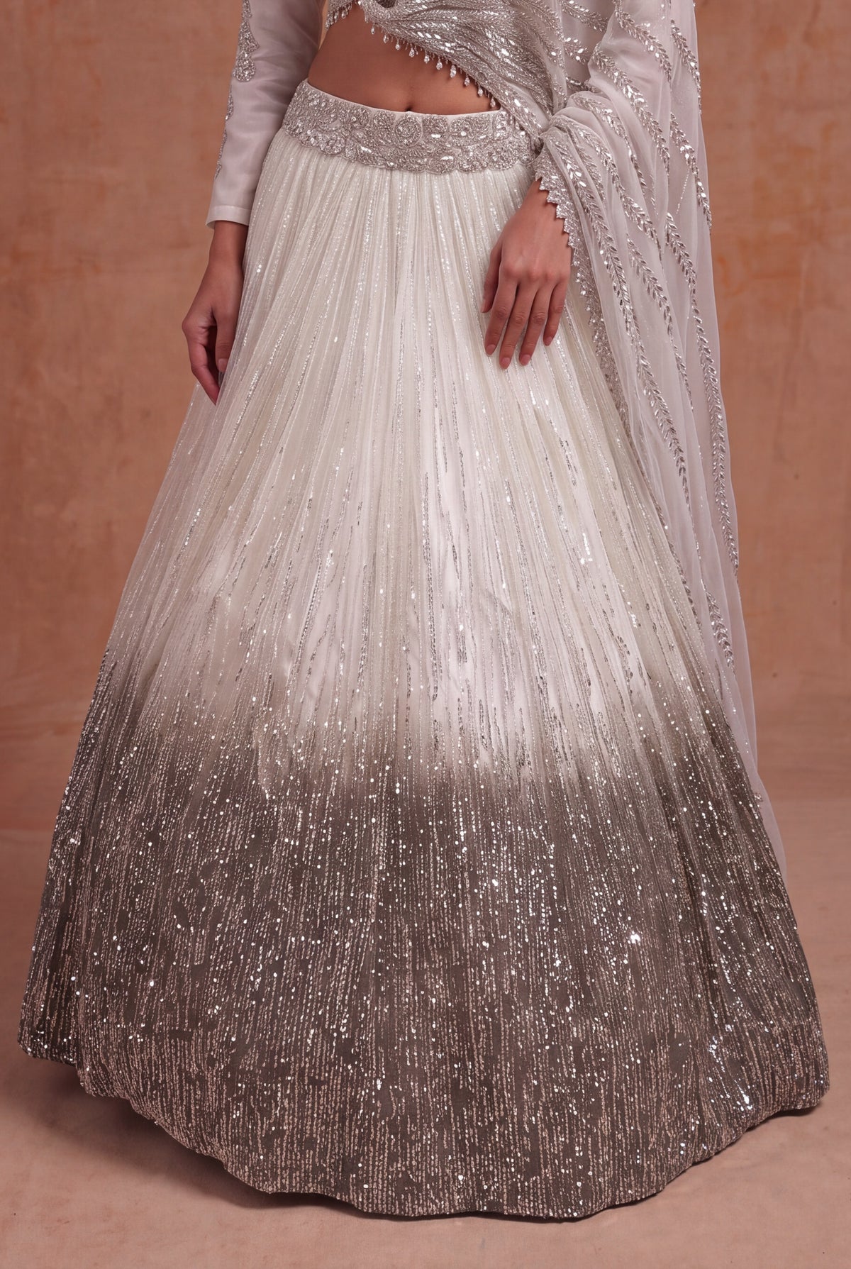 Ivory Organza Ombre Sequin Lehenga - Mokshaa