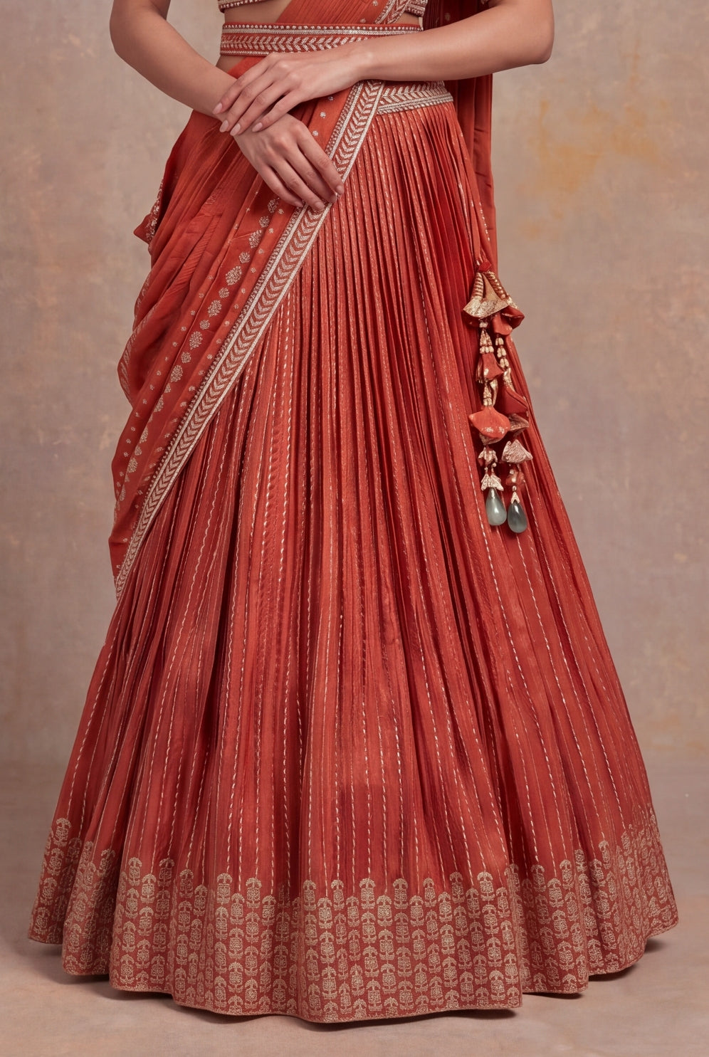 Light Orange Banarasi Draped Lehenga Set - Mokshaa