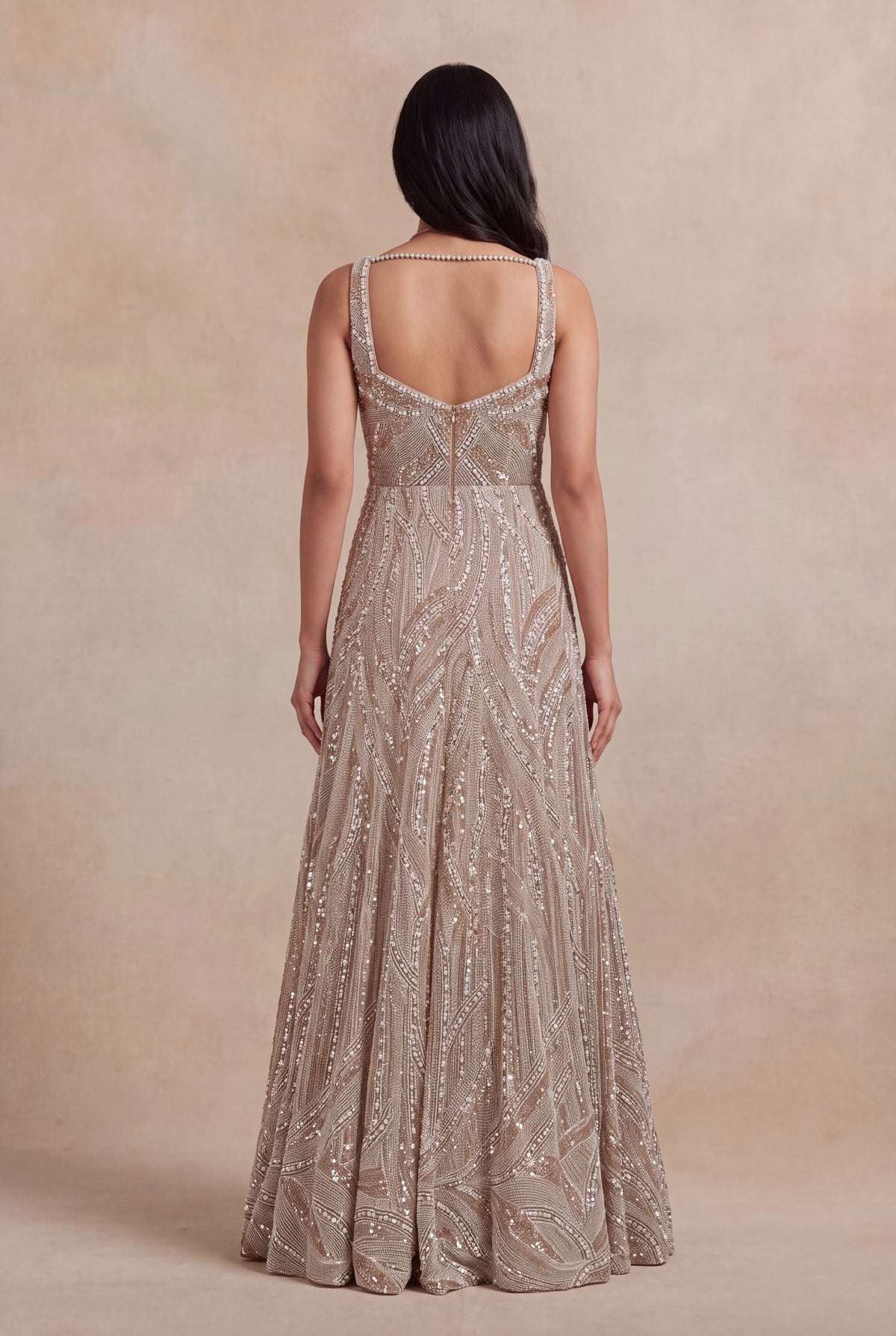 Champagne Gold Sequin & Pearl Embroidered Gown - Mokshaa