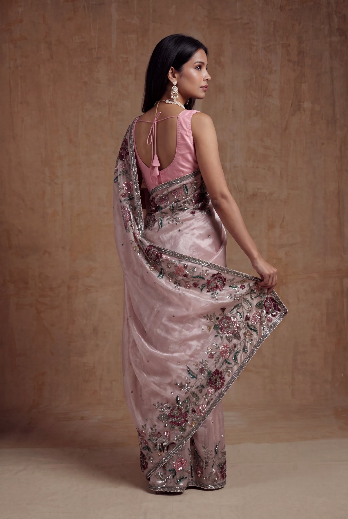 Blush Pink Tissue Organza Floral Sequin Saree - Mokshaa