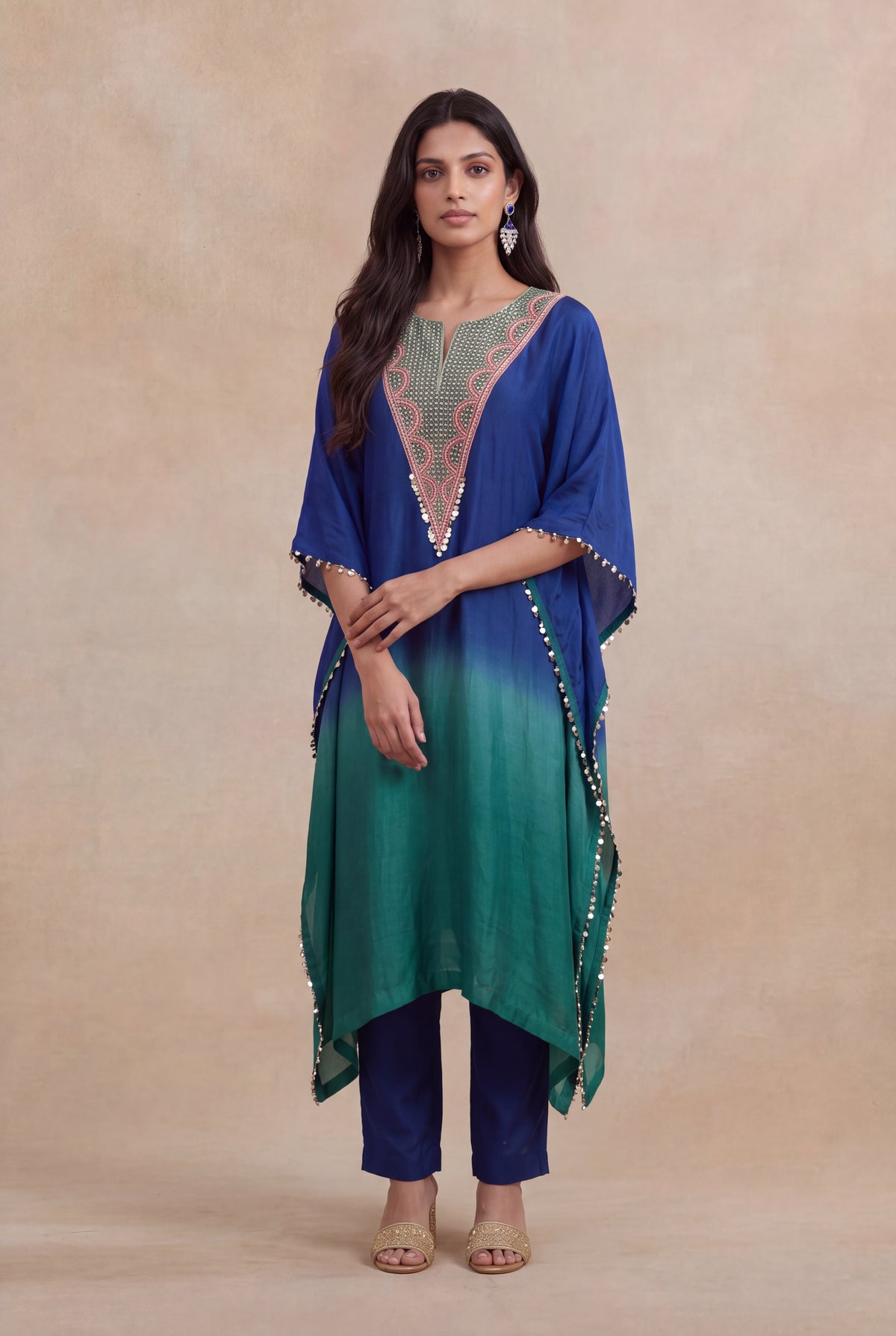 Blue & Emerald Raw Silk Embellished Kaftan Set - Mokshaa