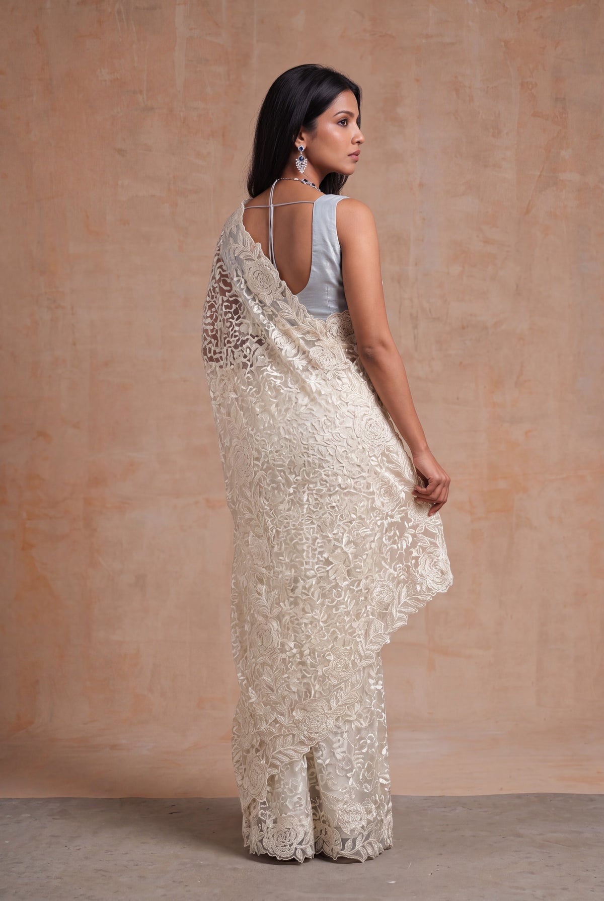 Off-White Lace Saree with Appliqué Work - Mokshaa