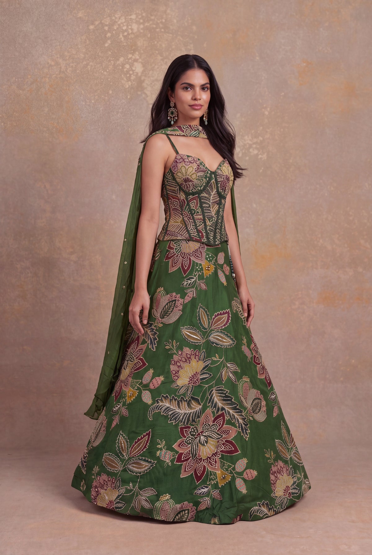 Forest Green Organza Floral Embroidered Corset Lehenga - Mokshaa