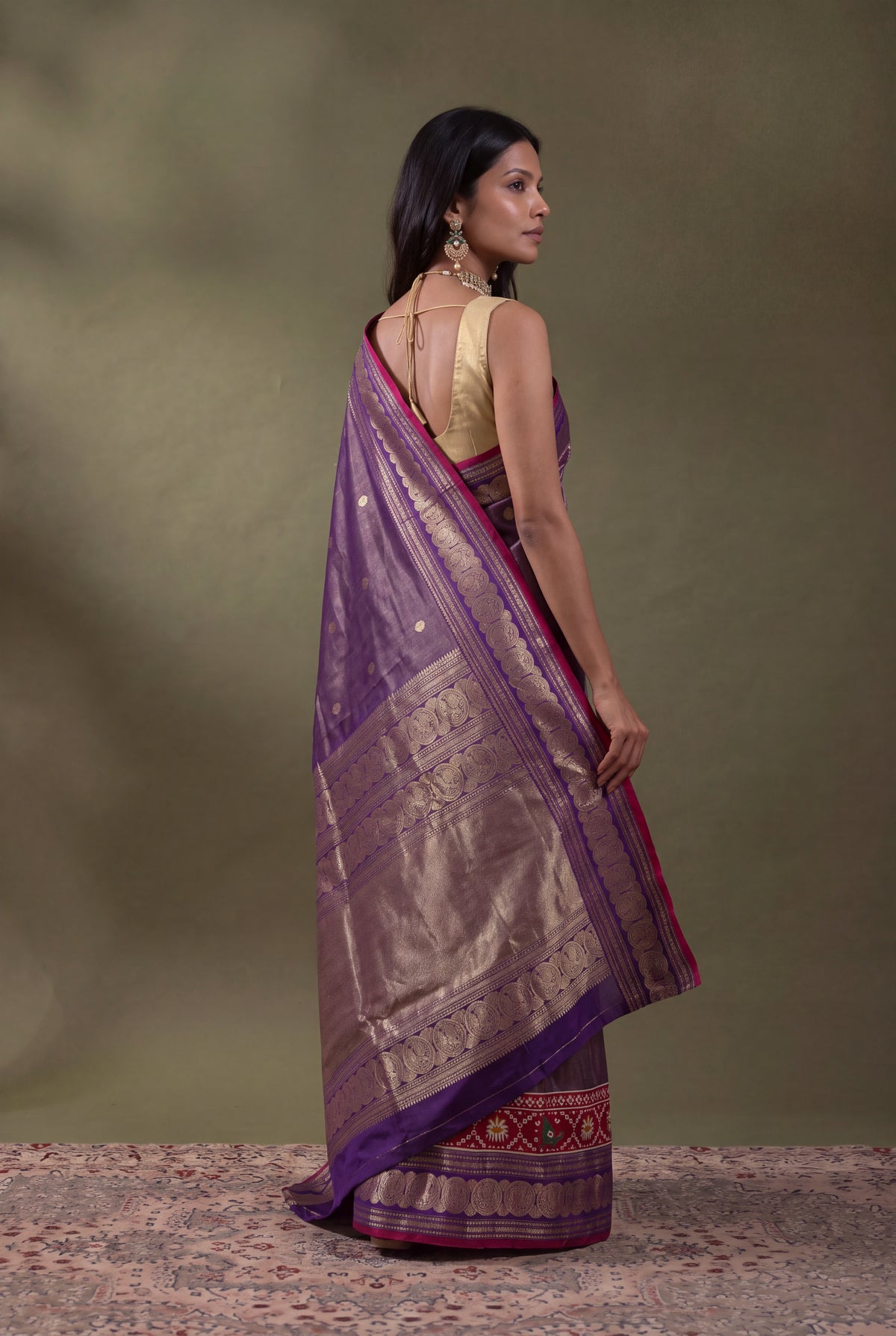Purple Kanchipuram Silk Fusion Saree with Patan Patola Border - Mokshaa