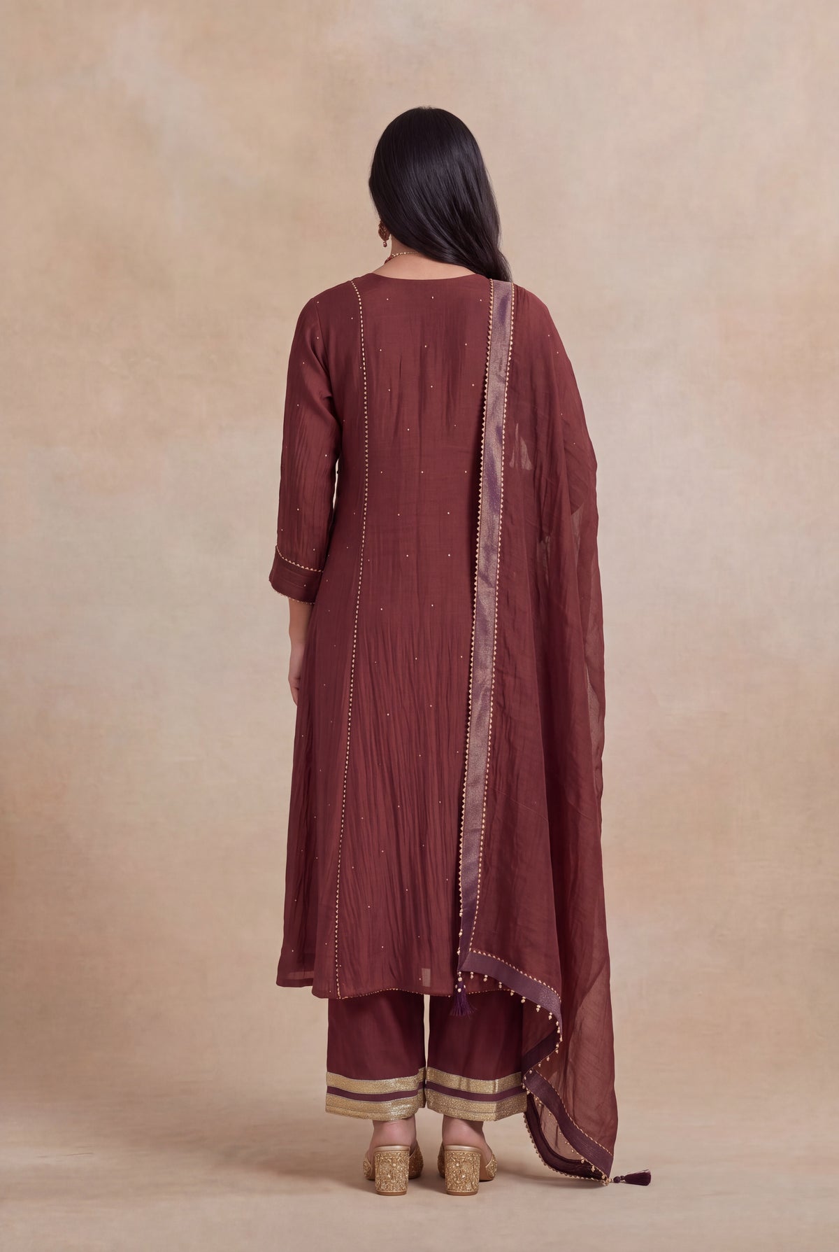 Wine Mul Cotton Zardosi A-Line Salwar Set - Mokshaa