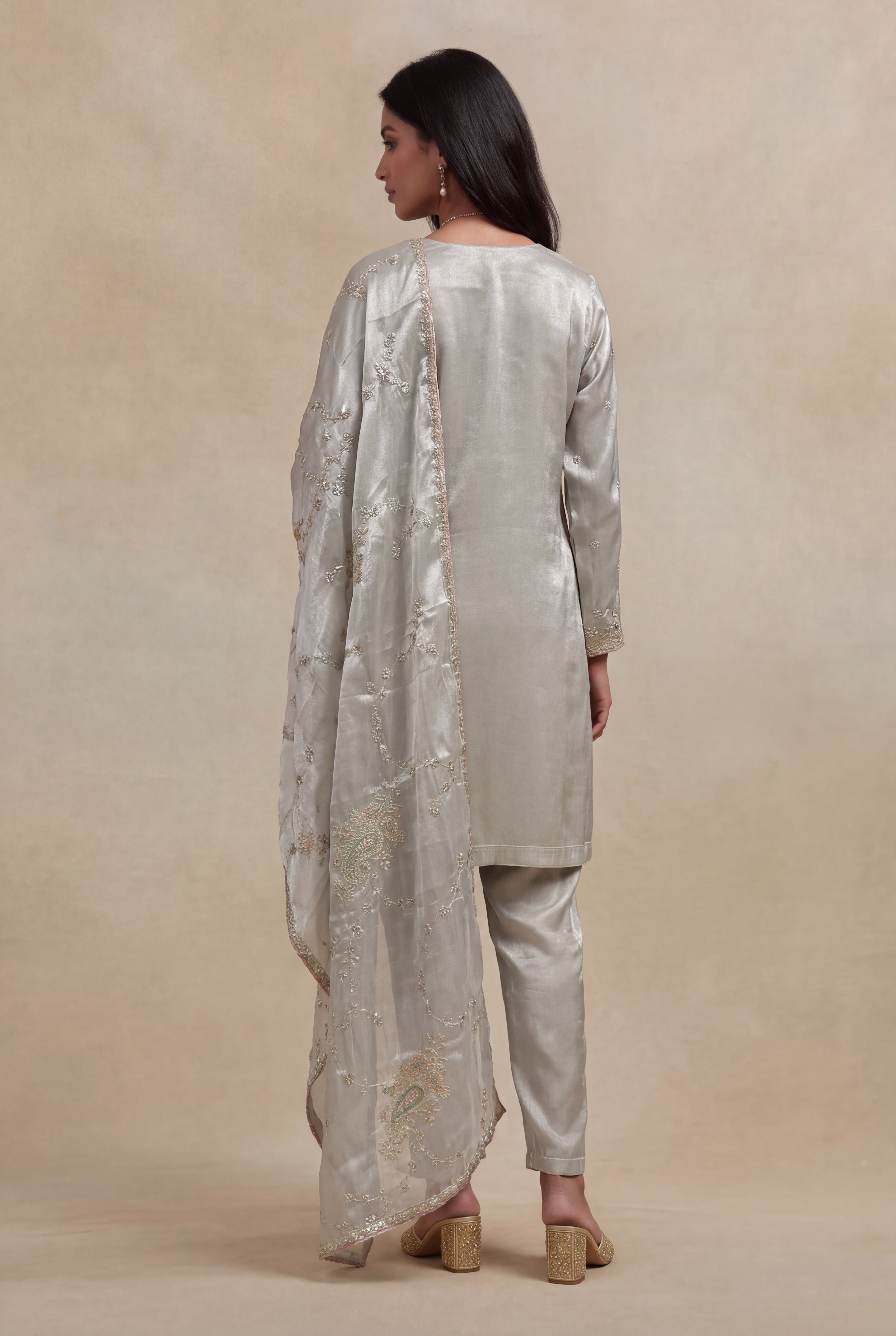 Silver Grey Tissue Straight Cut Salwar Set