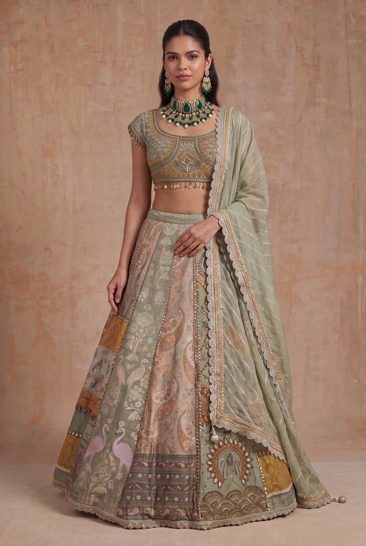 Light Green & Mustard Banarasi Printed Lehenga - Mokshaa