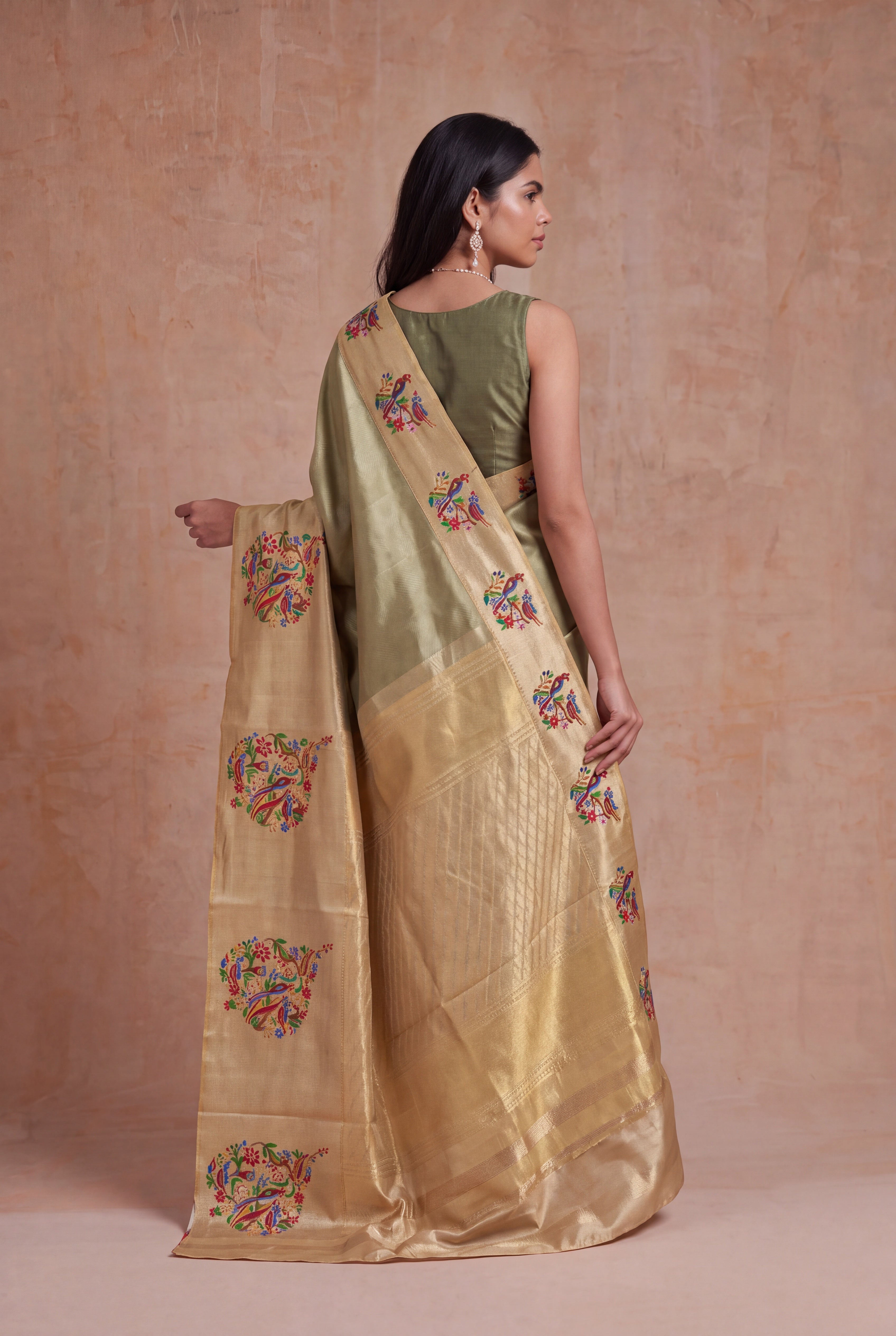 Pista Tissue Kanchivaram Silk Saree with Multicolour Motifs