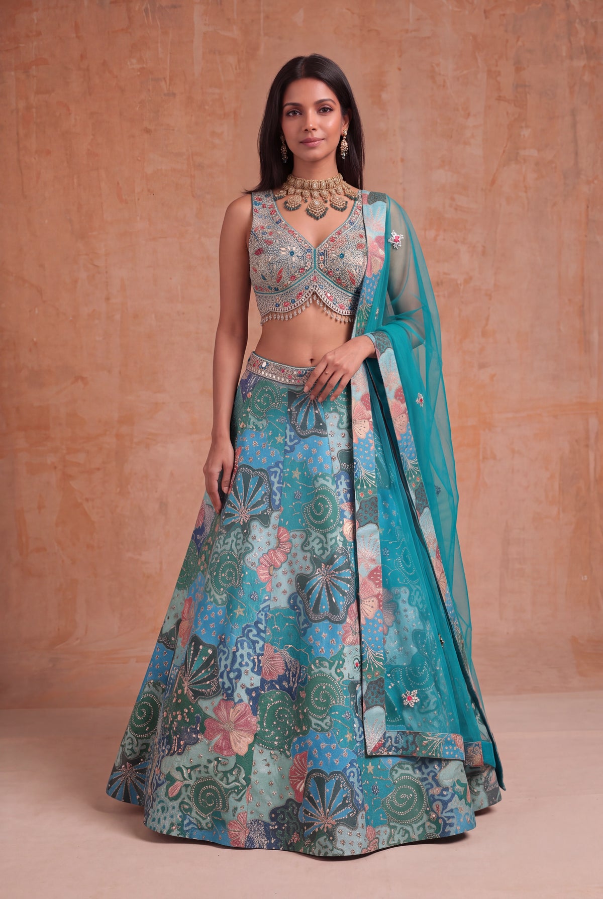 Teal Tissue Silk Floral Lehenga - Mokshaa