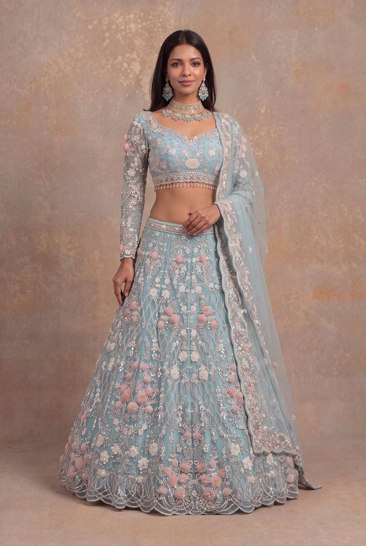 Sea Blue Net Lehenga Set with Sequin and Floral Applique Work - Mokshaa