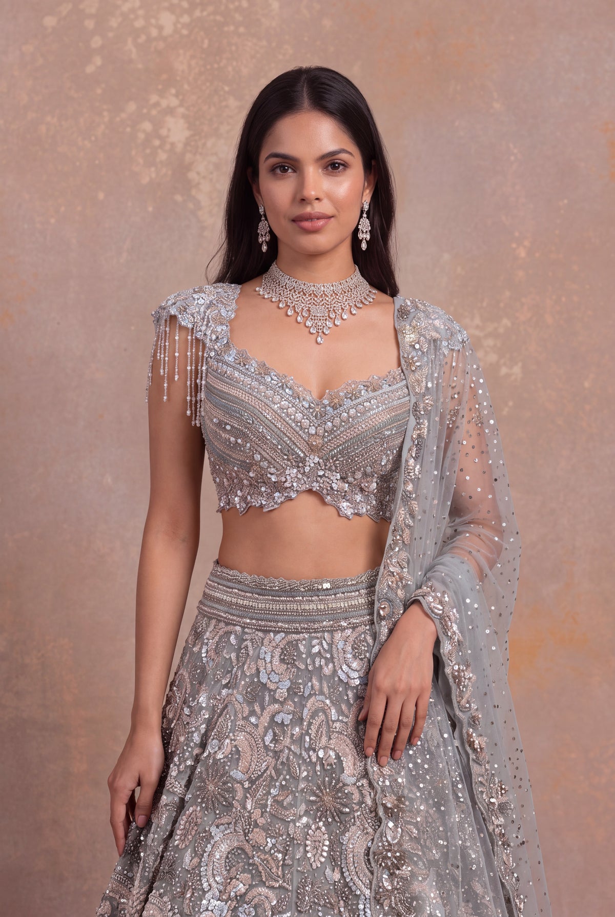 Sea Blue Net Lehenga - Mokshaa