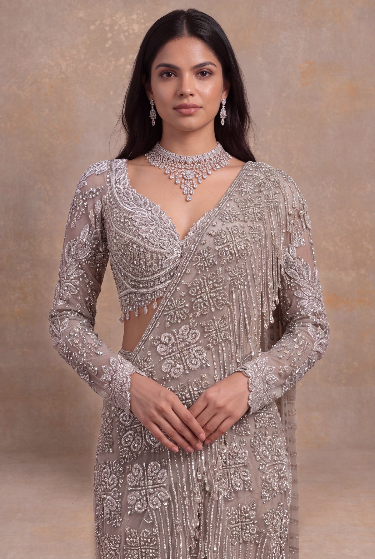 Rose Gold Embellished Net Pre-Draped Saree - Mokshaa