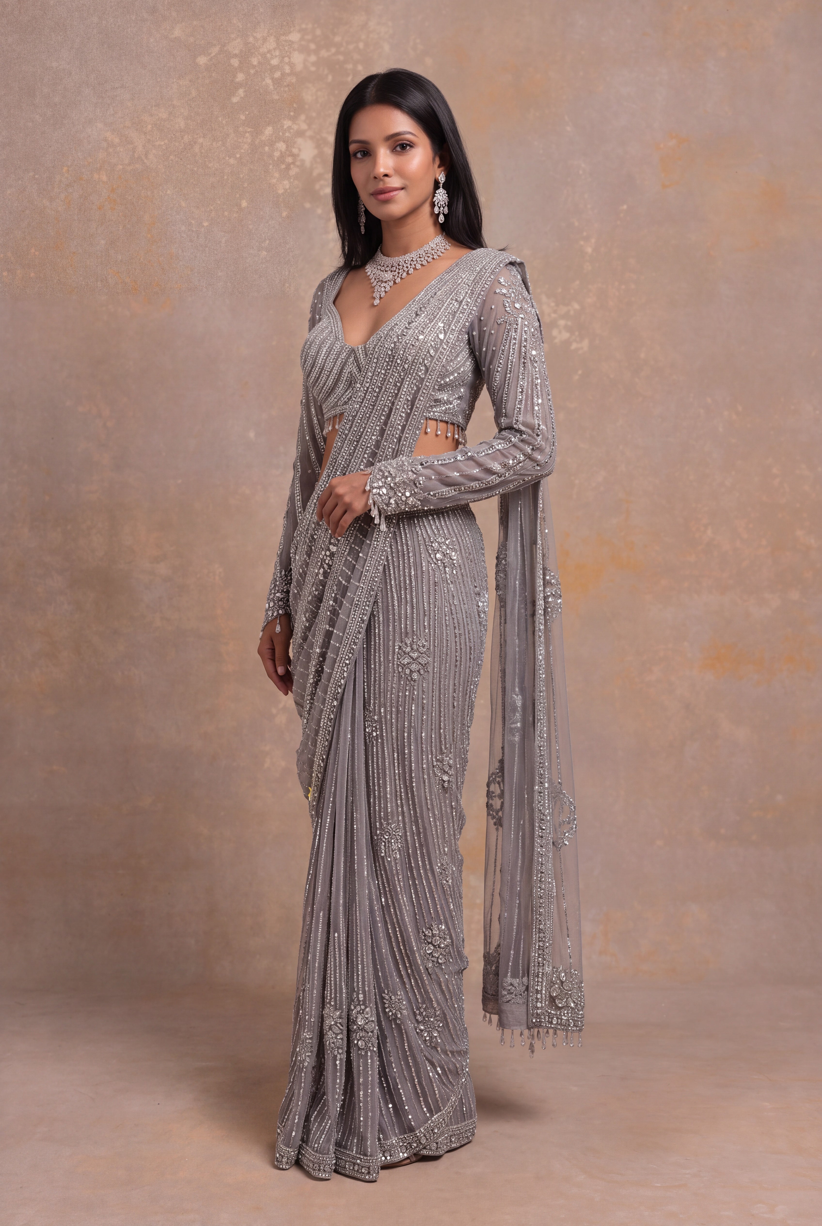Grey Net Drape Saree with Stone Embroidery