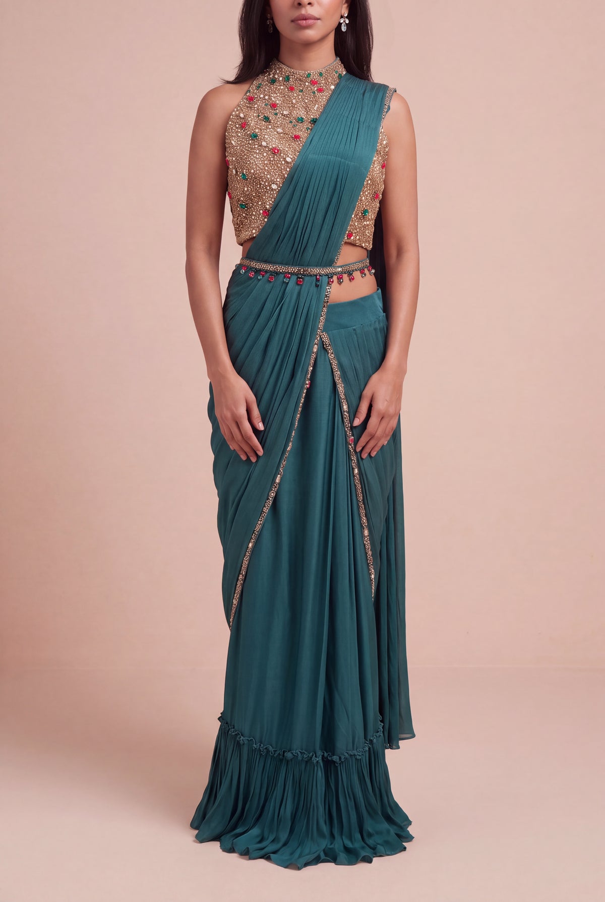 Emerald Green Draped Saree with Jewel-Embroidered Halter Blouse - Mokshaa