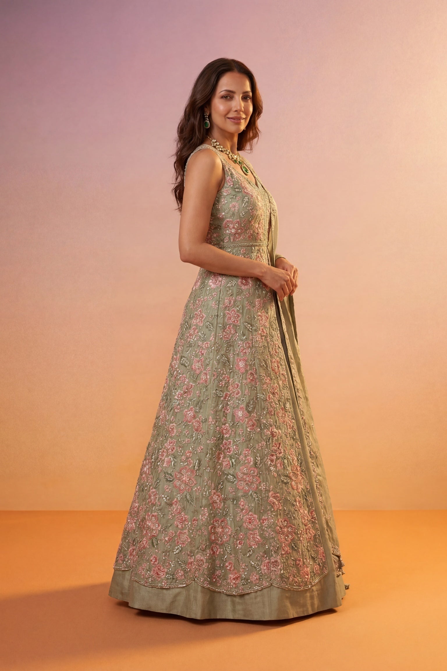 Sage Green Tissue Silk Indo-Western Lehenga