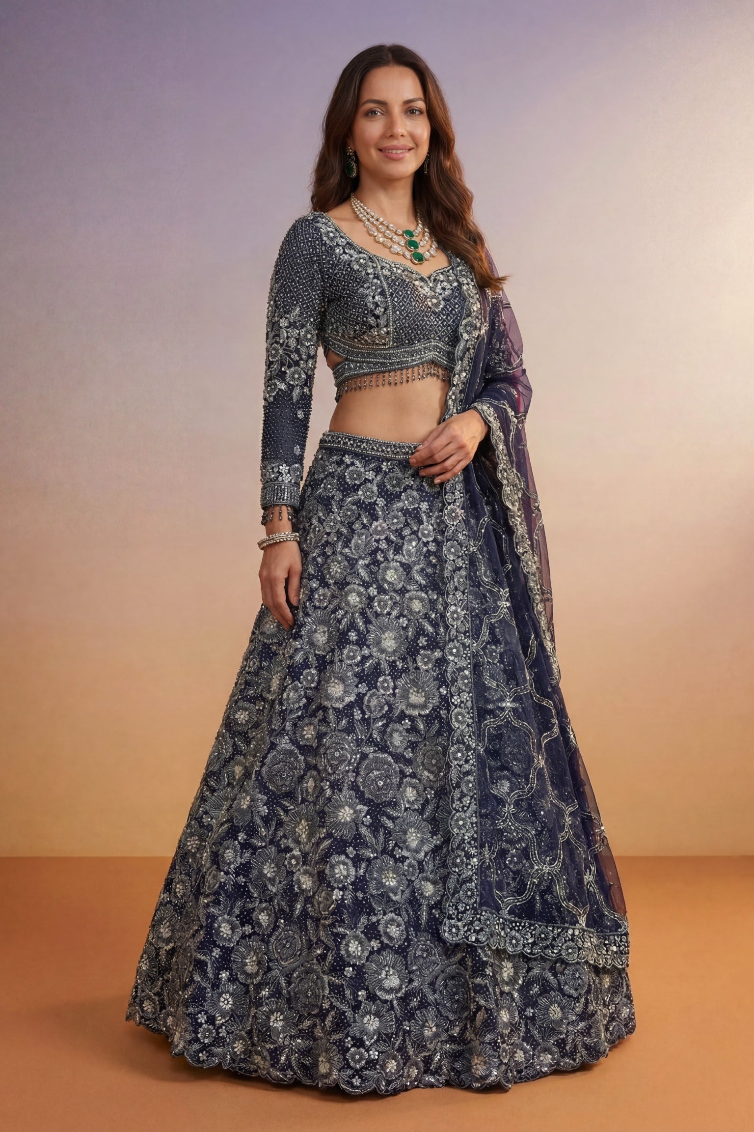 Navy Blue Net Lehenga