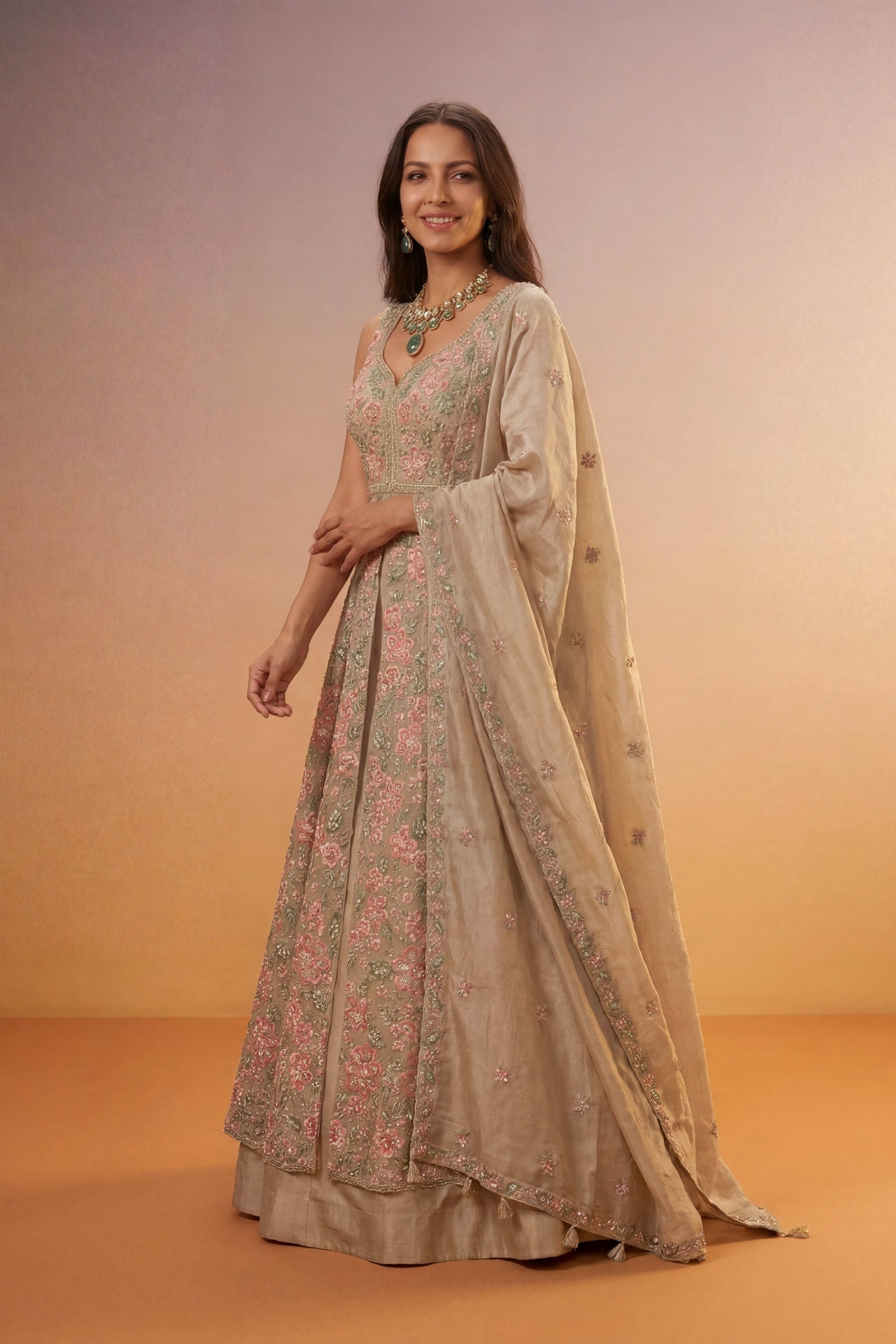 Champagne Beige Tissue Silk Indo-Western Lehenga