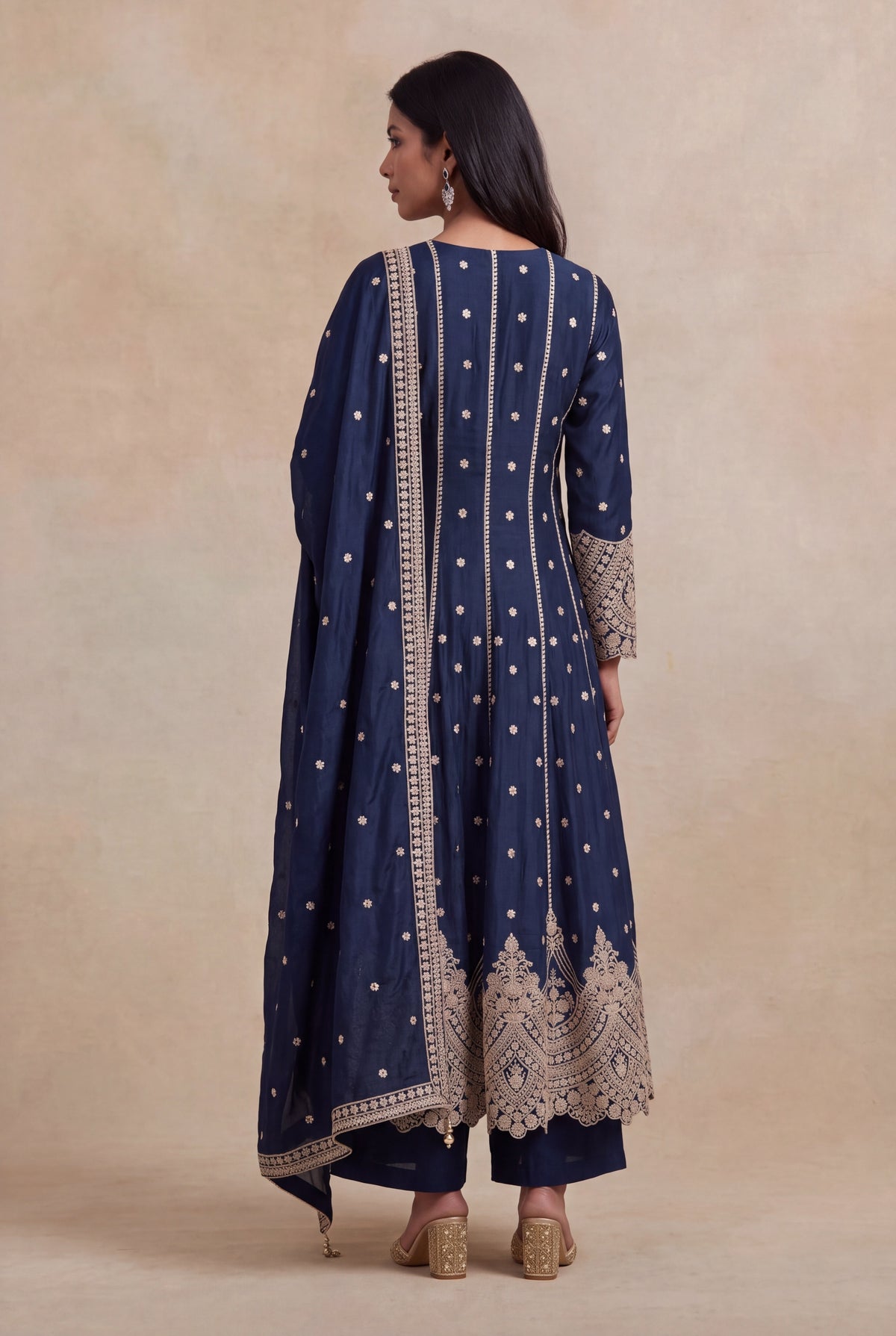 Navy Blue Raw Silk Anarkali Set - Mokshaa