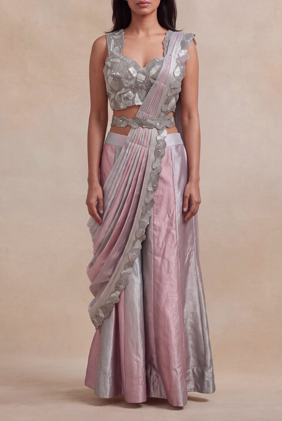 Pink & Silver Tissue Drape Saree - Mokshaa
