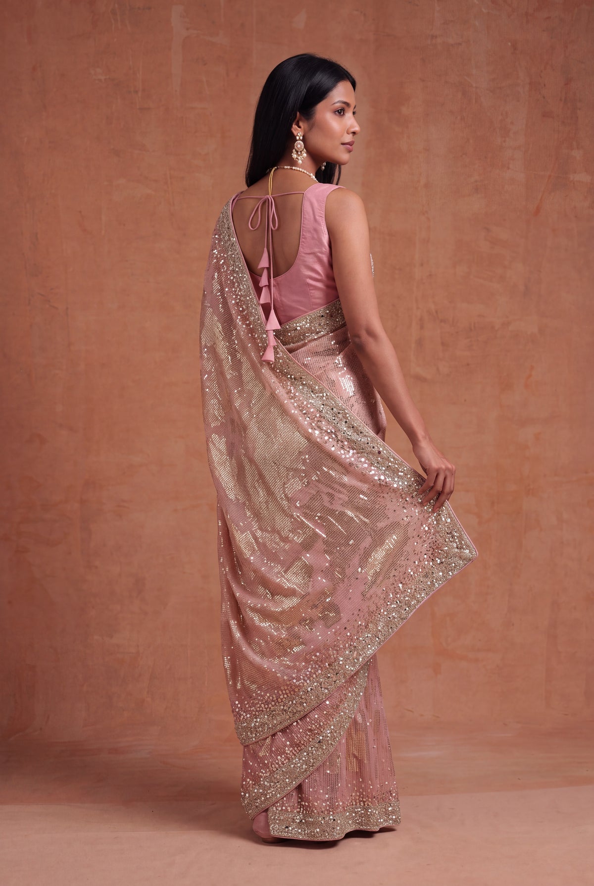 Peach Georgette Saree with Sequin & Mirror Work - Mokshaa