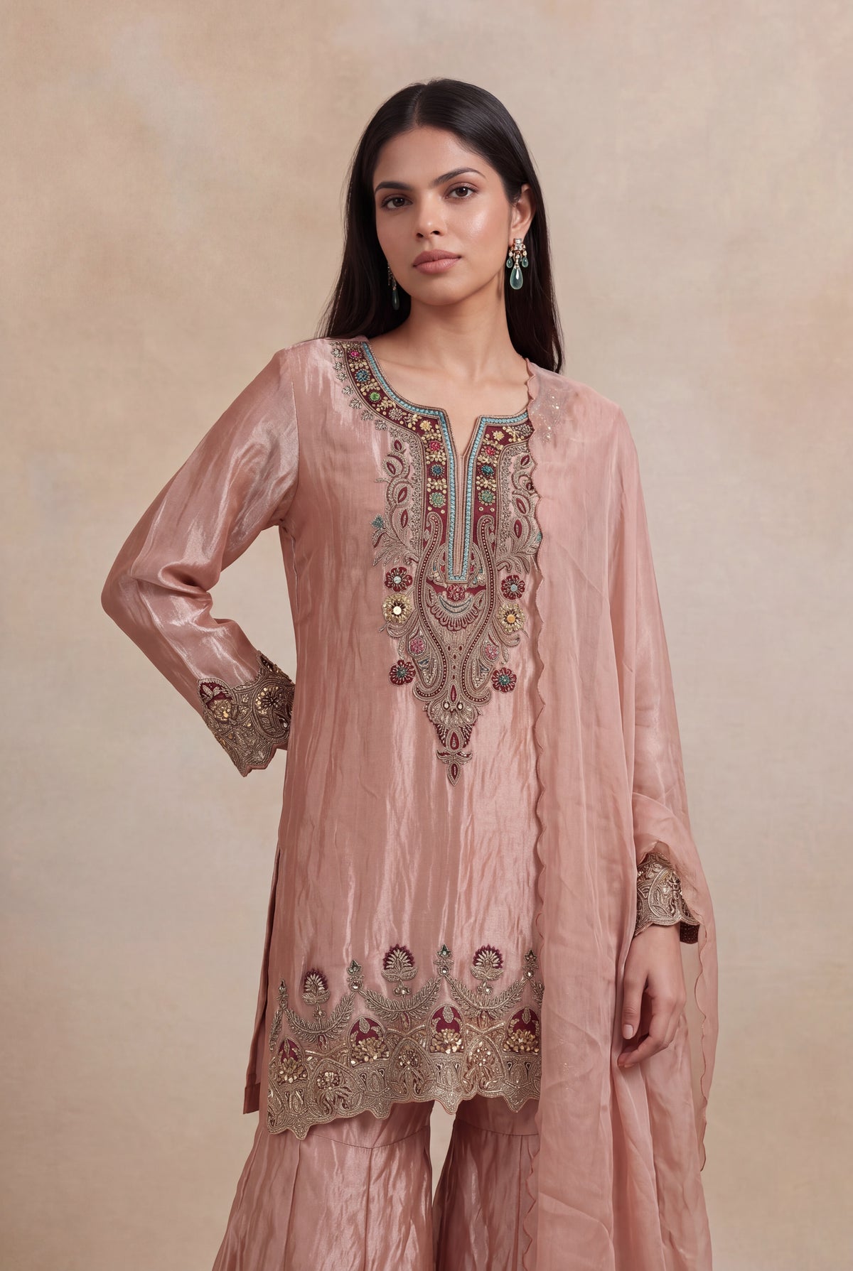 Blush Pink Tissue Sharara Set with Zardosi & Kundan Work - Mokshaa