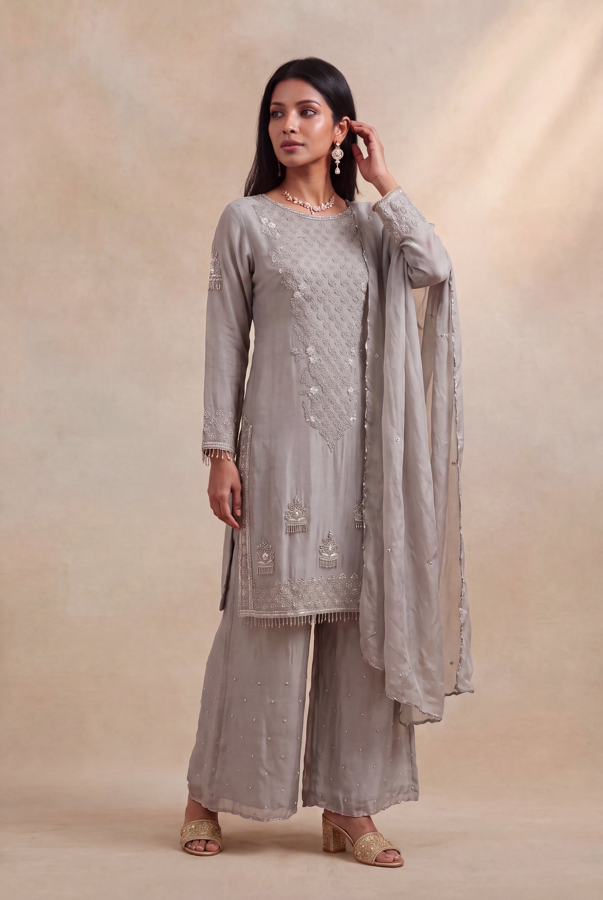 Grey Crepe Palazzo Set - Mokshaa