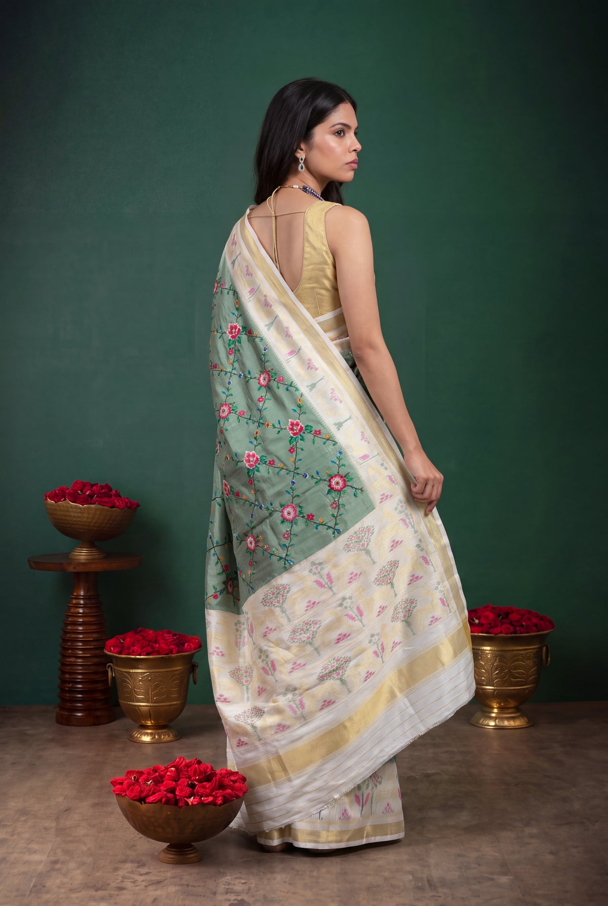 Sage Green Twill Silk Patola Saree - Mokshaa