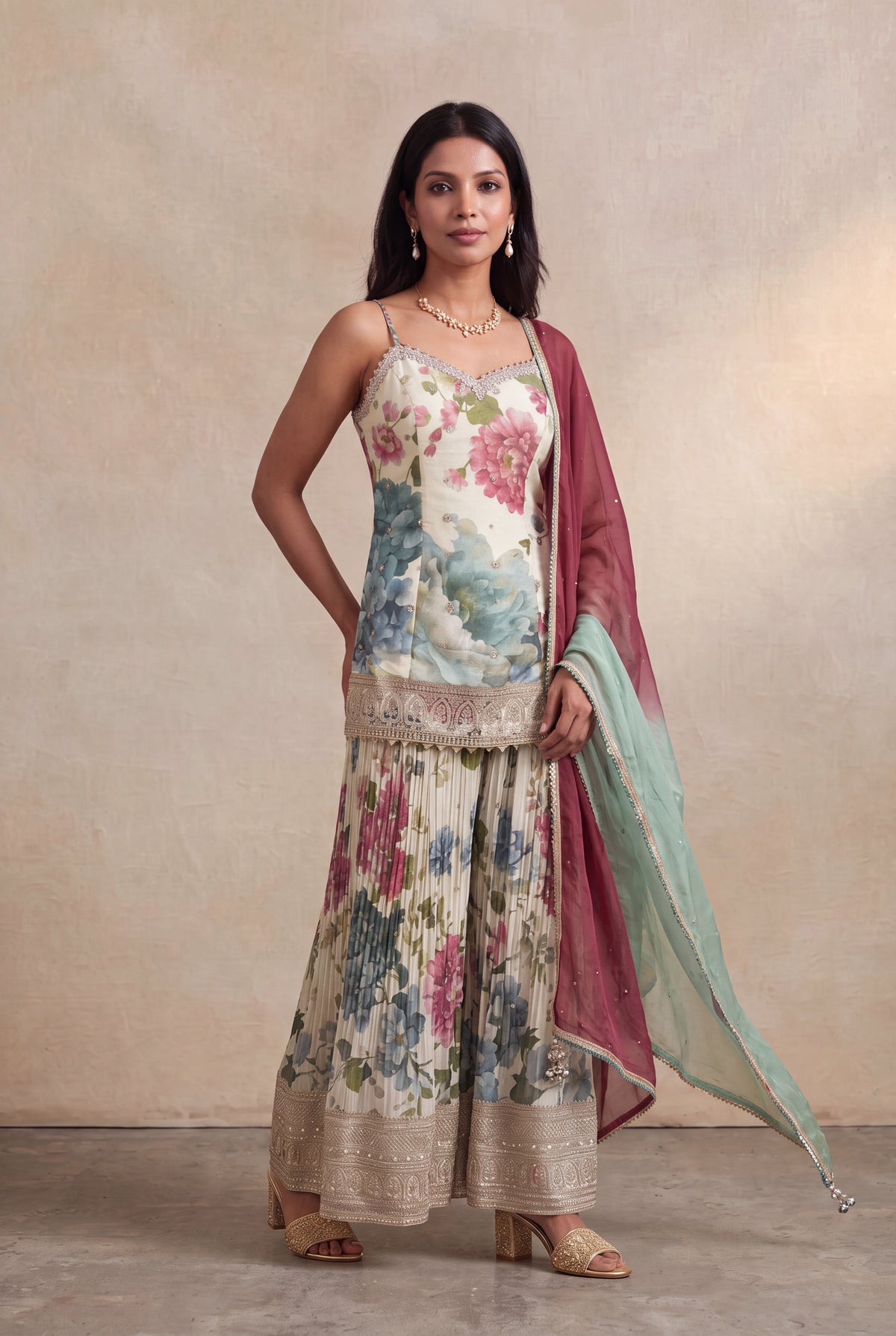 Ivory Floral Printed Tissue Sharara Set with Zari Border - Mokshaa