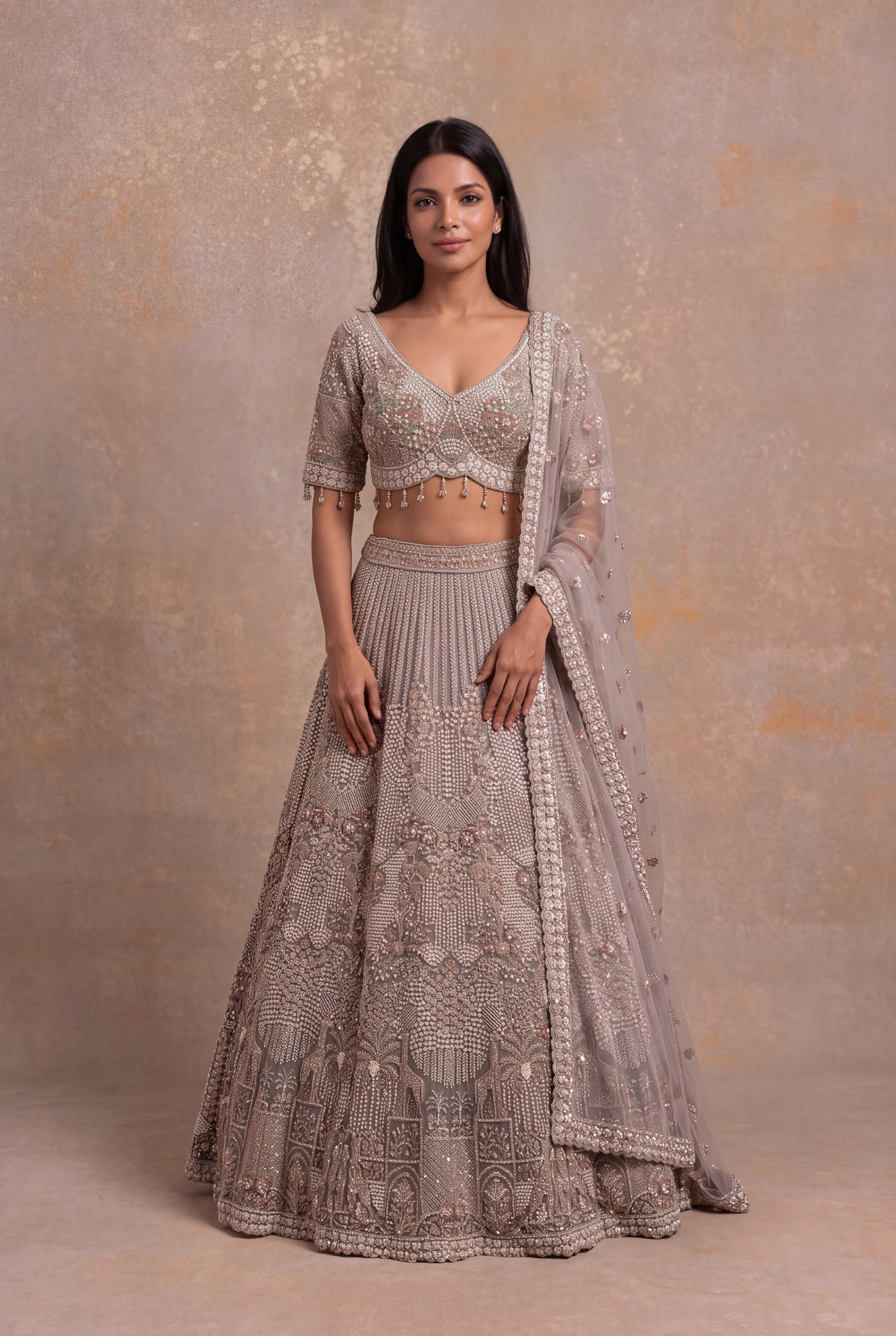 Taupe Net Lehenga - Mokshaa