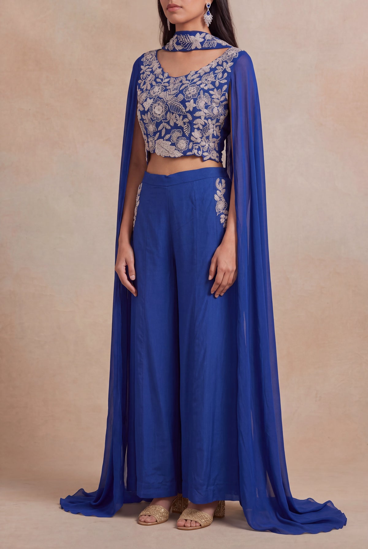 Royal Blue Chinon Georgette Indo-Western Set - Mokshaa