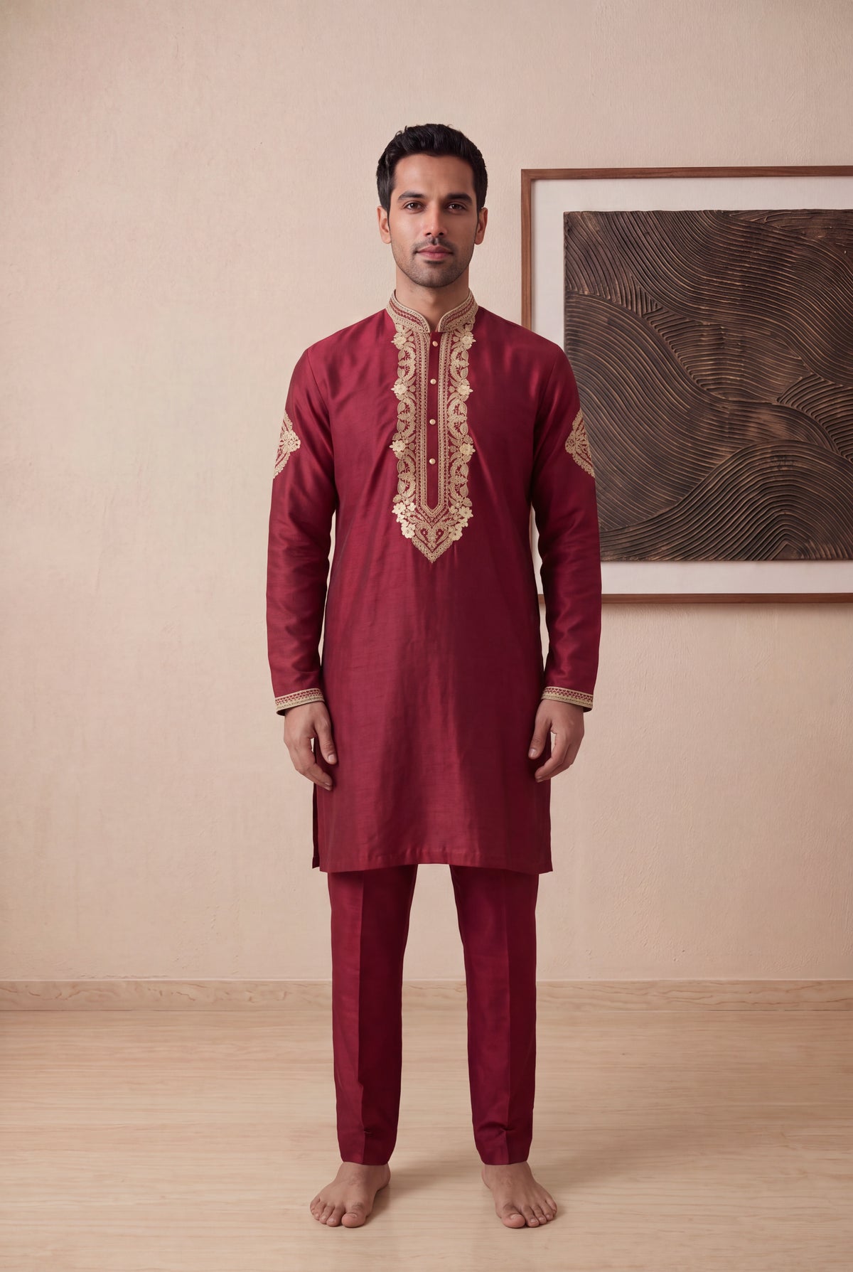 Red Raw Silk Kurta Pant Set - Mokshaa