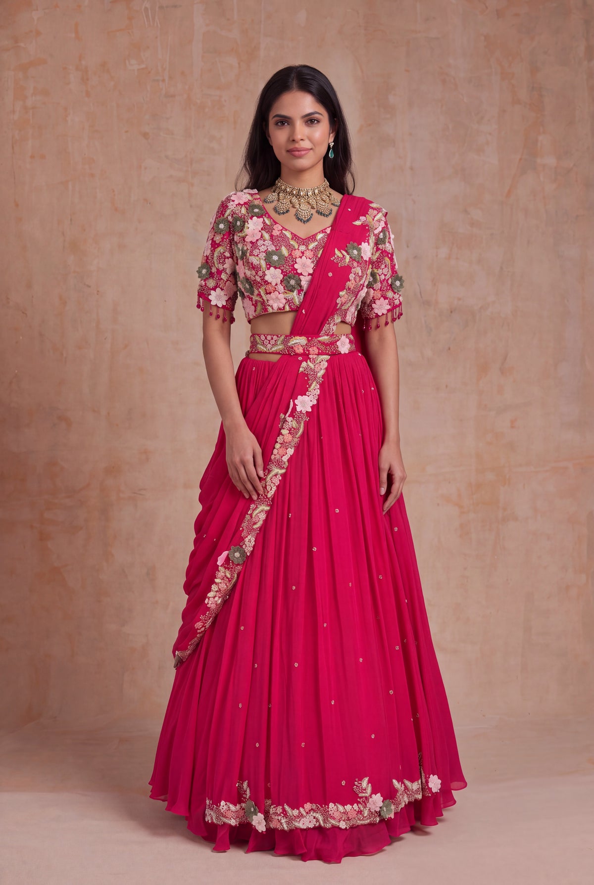 Pink Crepe Half Saree Lehenga with 3D Floral Work - Mokshaa