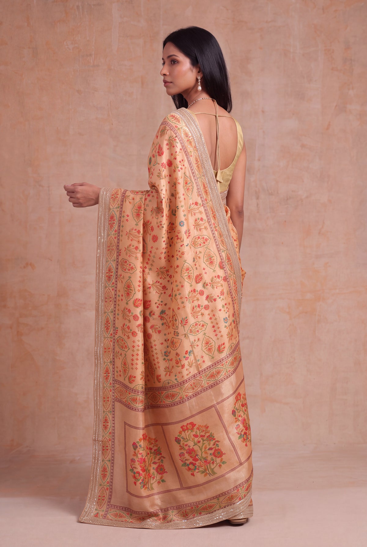 Peach Tissue Georgette Printed Saree - Mokshaa