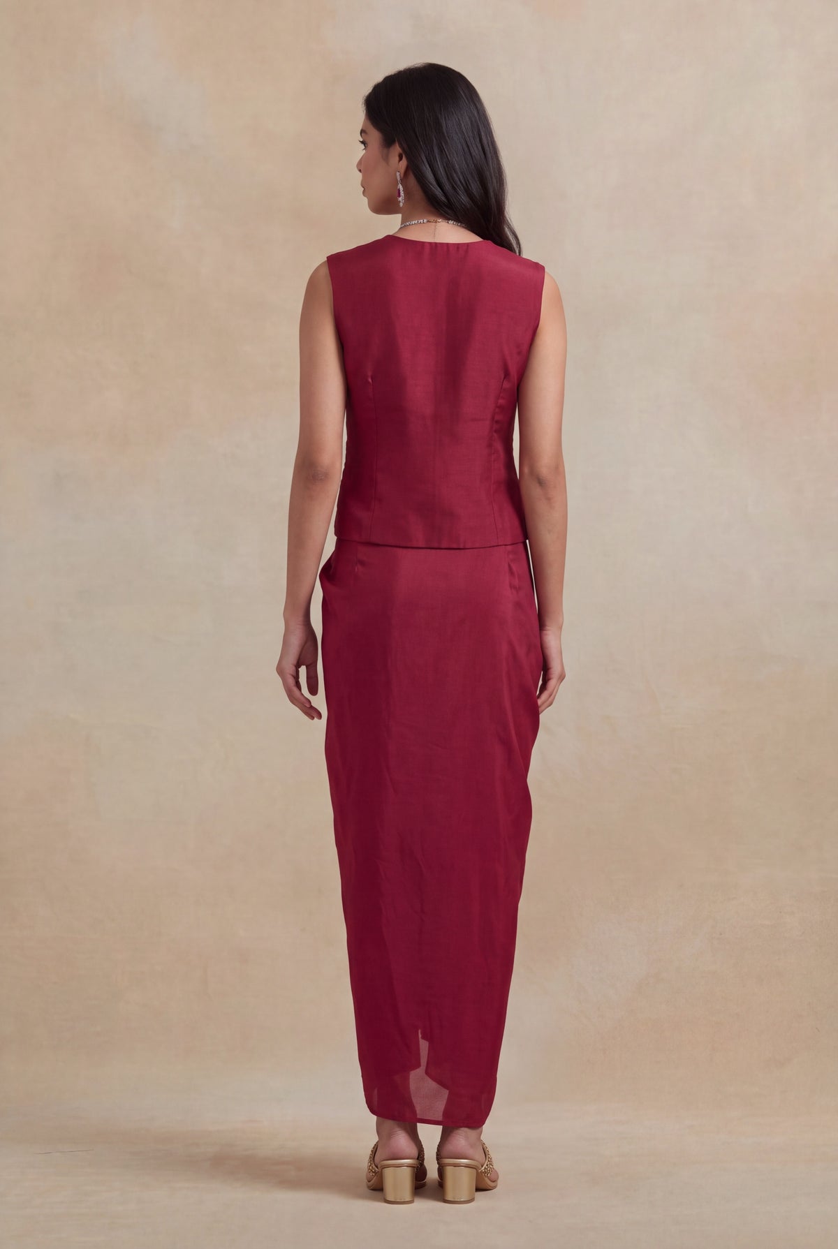 Wine Indo-Western Crop Top & Drape Skirt - Mokshaa
