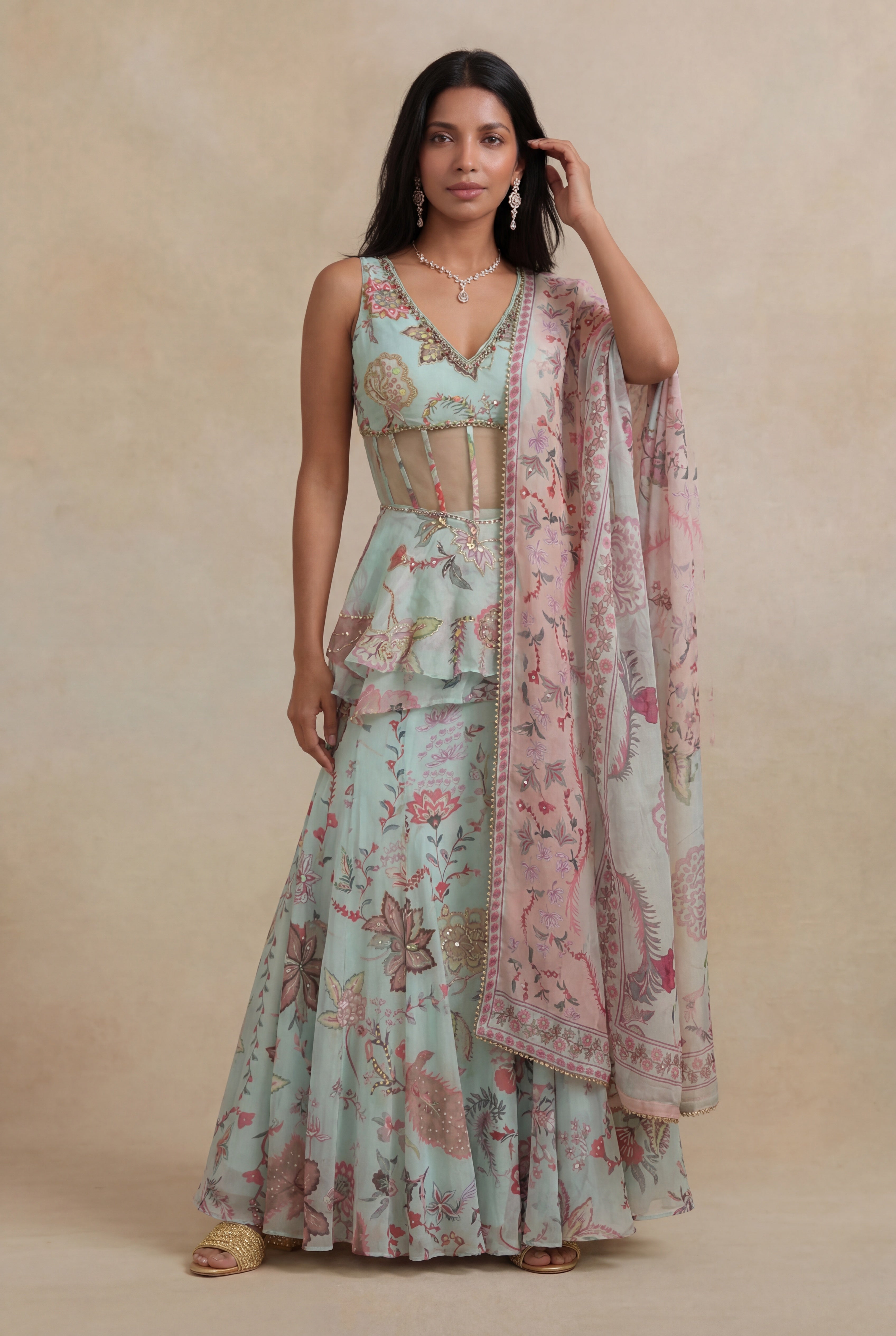 Pastel Mint Organza Printed Indo-Western Skirt Set