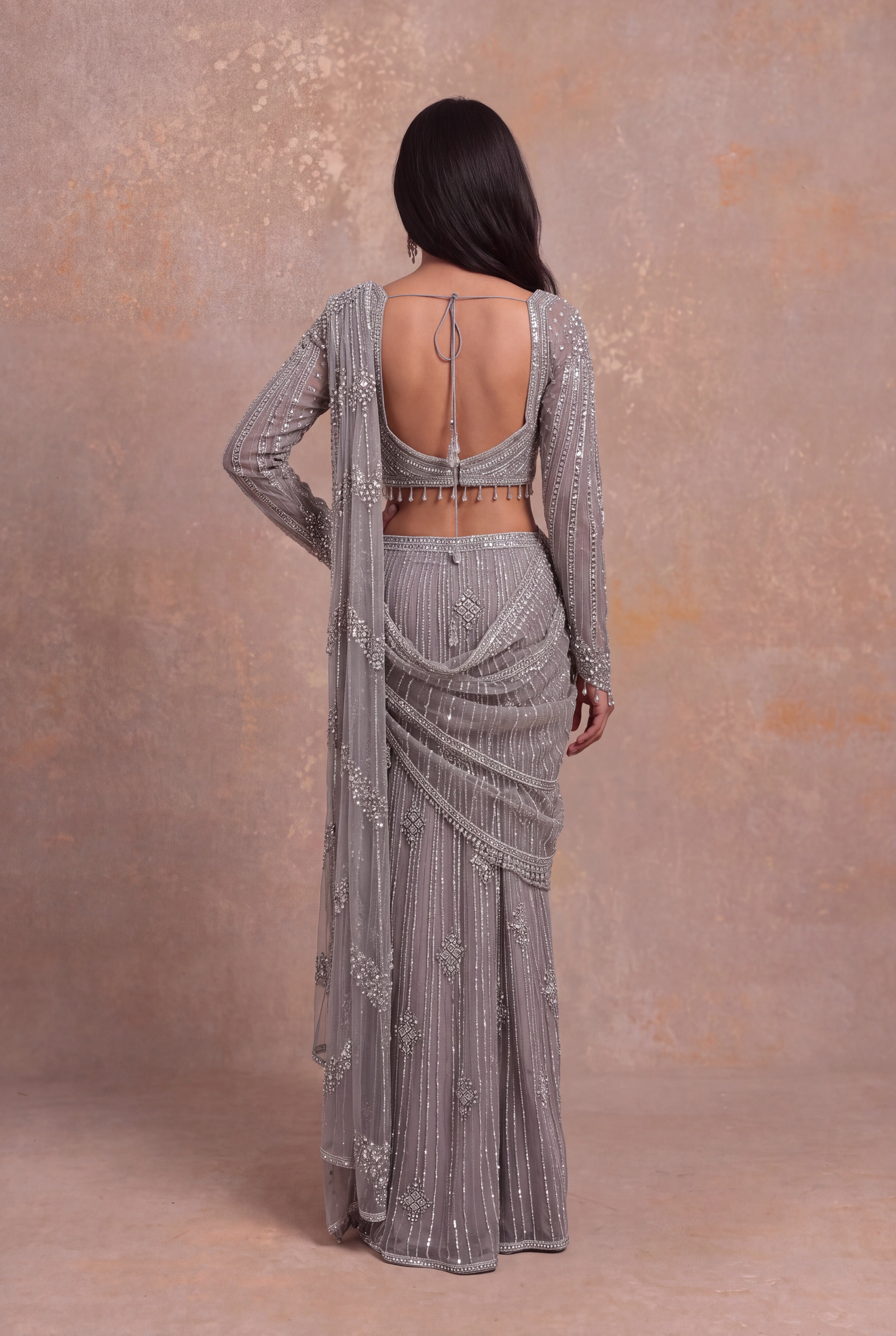 Grey Net Drape Saree with Stone Embroidery