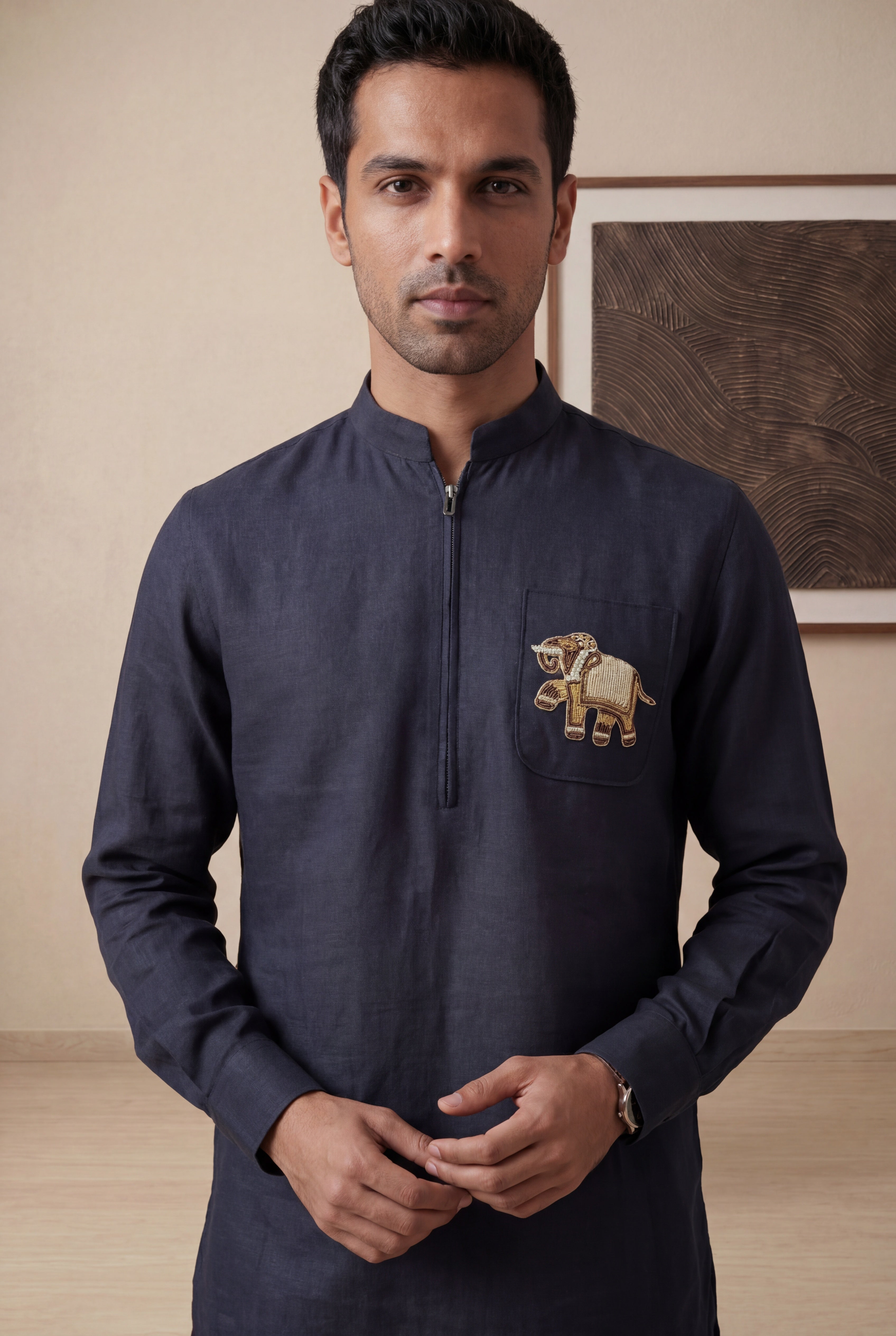 Navy Blue Linen Short Kurta with Elephant Embroidery