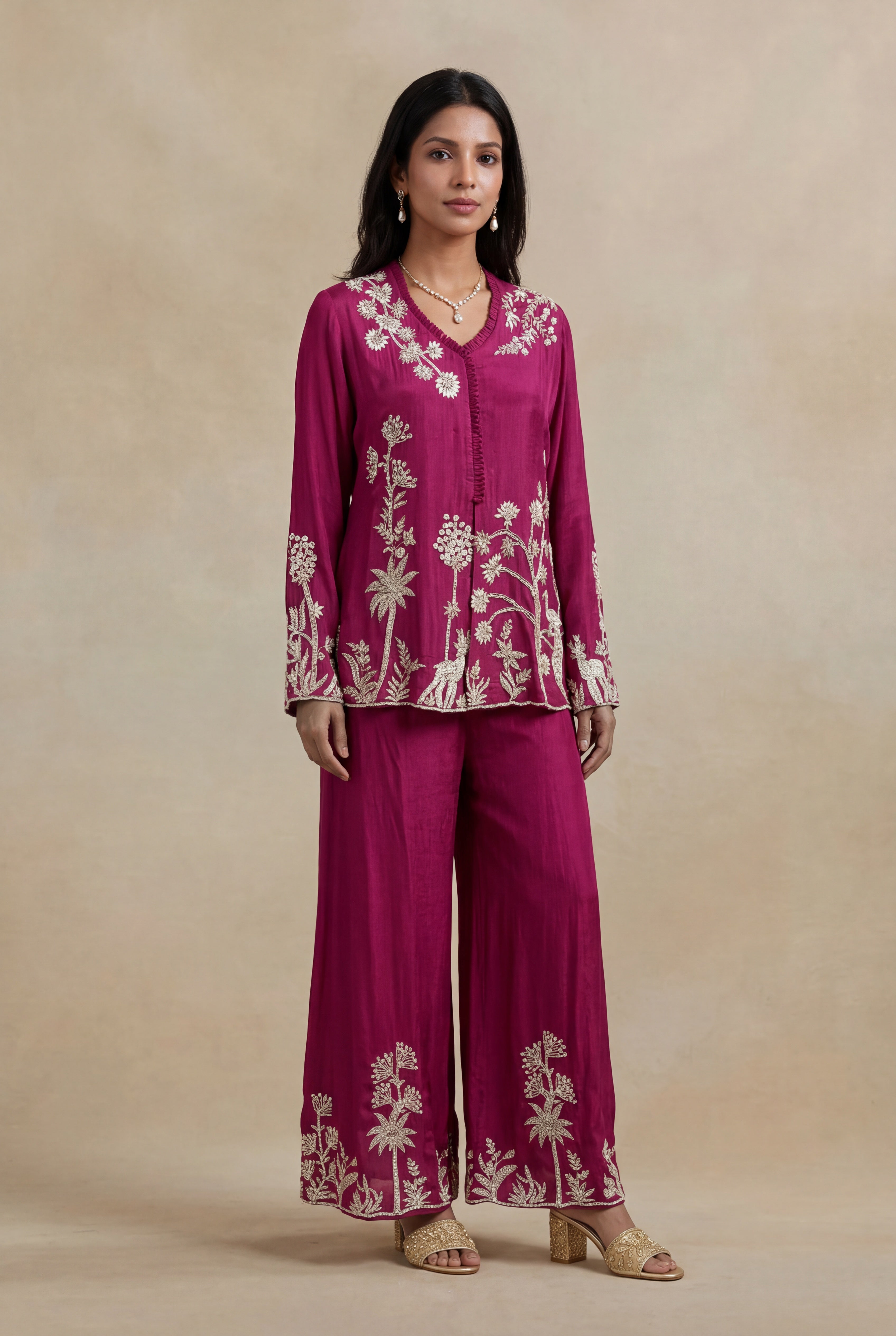 Magenta Pink Georgette Embroidered Indo-Western Co-Ord Set