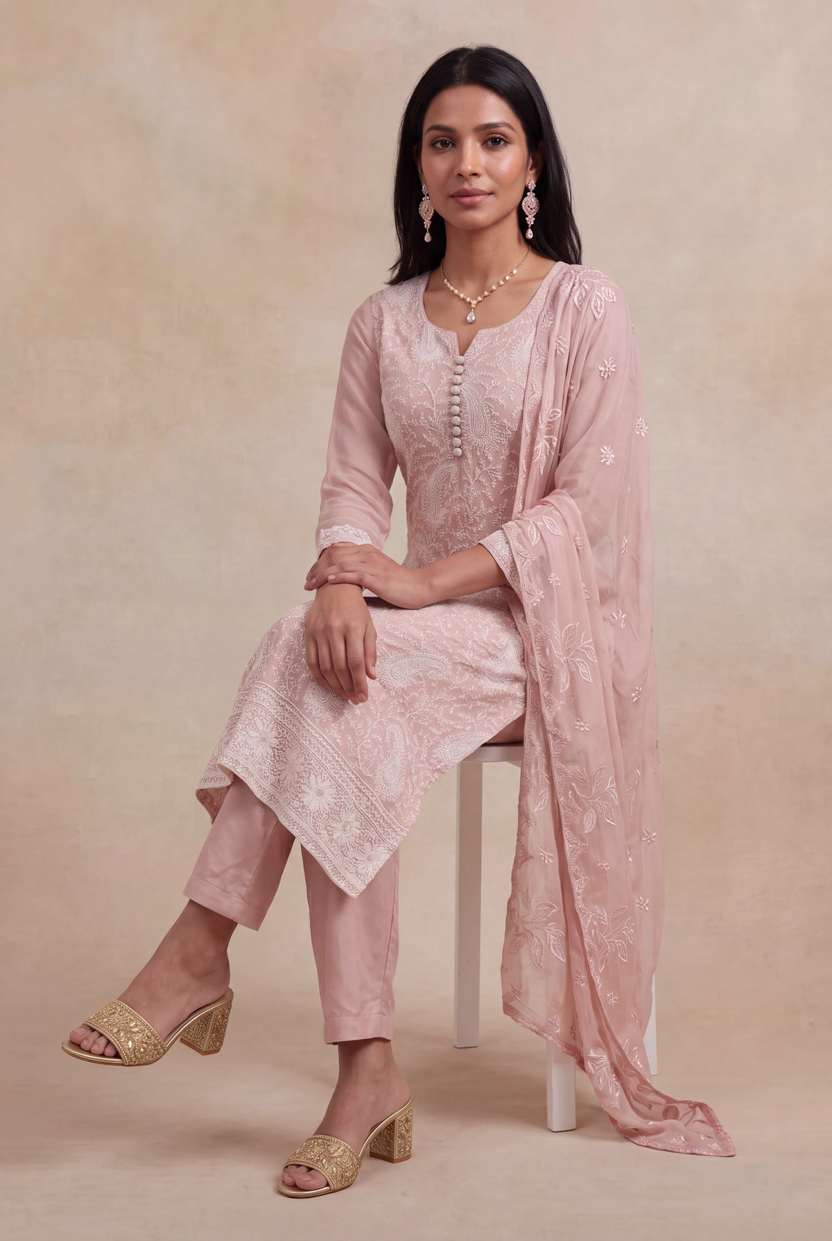 Blush Pink Georgette Straight-Cut Salwar Suit - Mokshaa