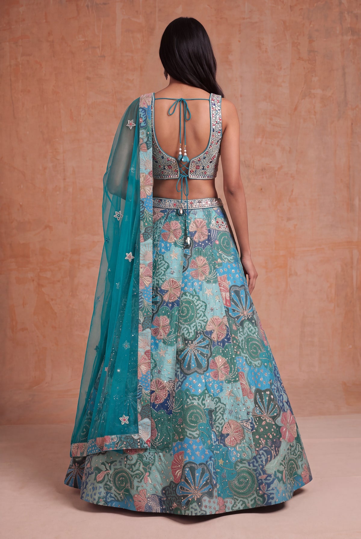 Teal Tissue Silk Floral Lehenga - Mokshaa