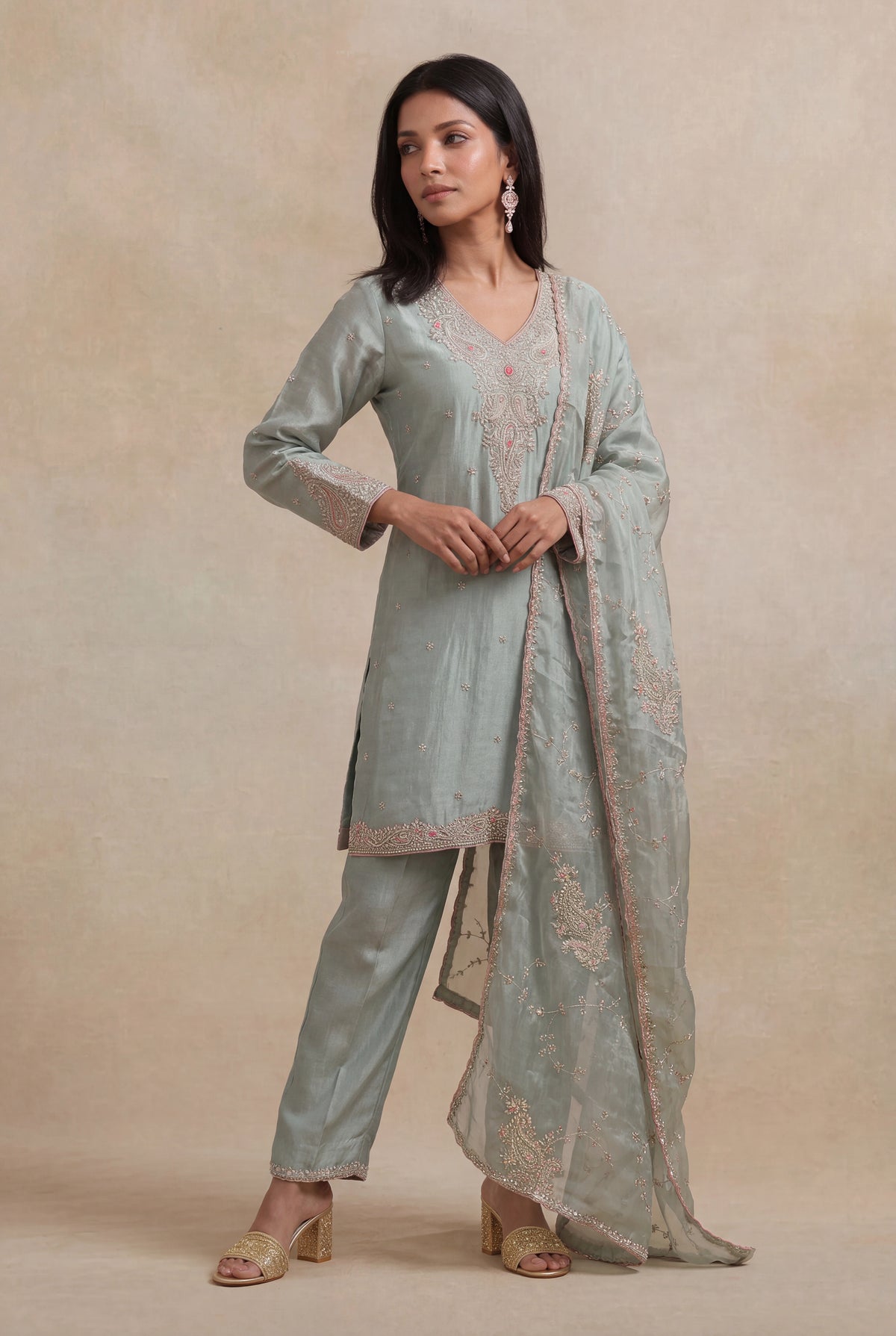 Sage Green Tissue Zardozi Straight Cut Salwar Suit - Mokshaa