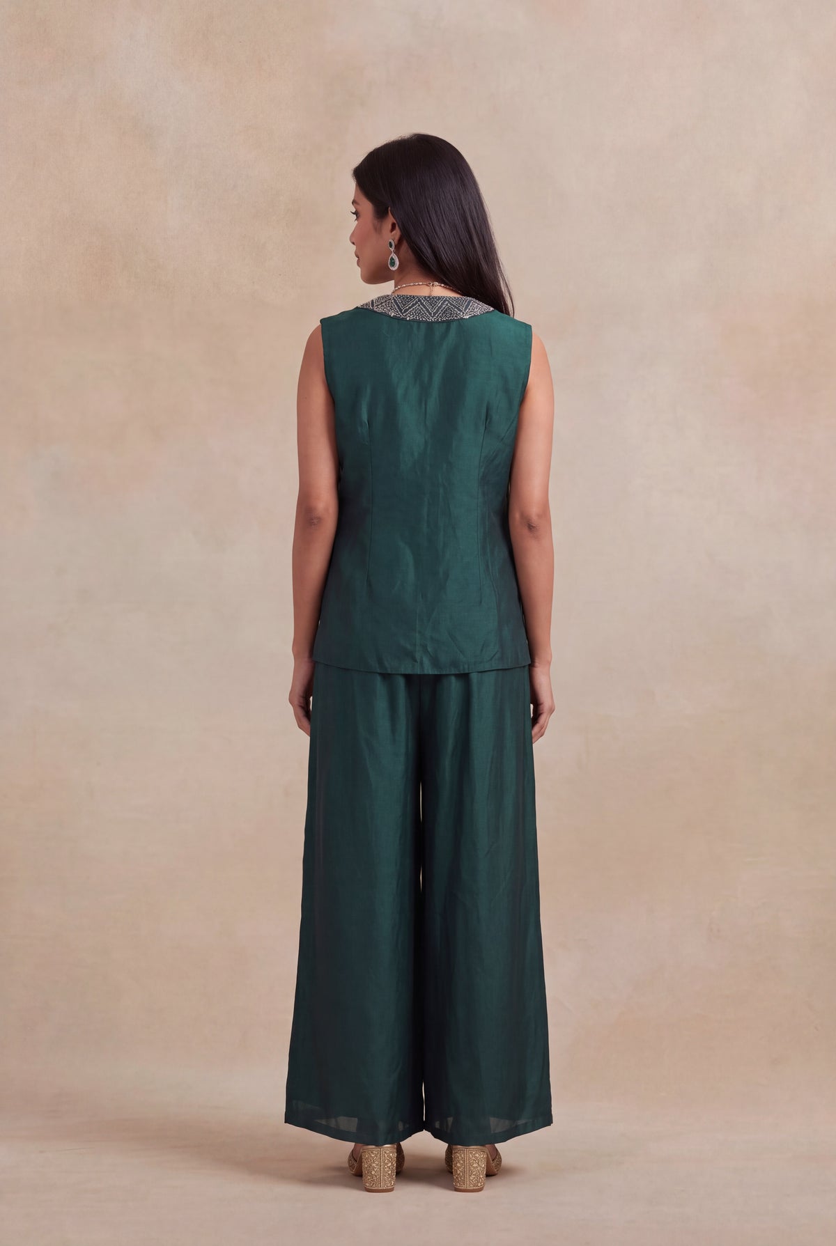 Emerald Green Silk Indo-Western Three-Piece Set - Mokshaa