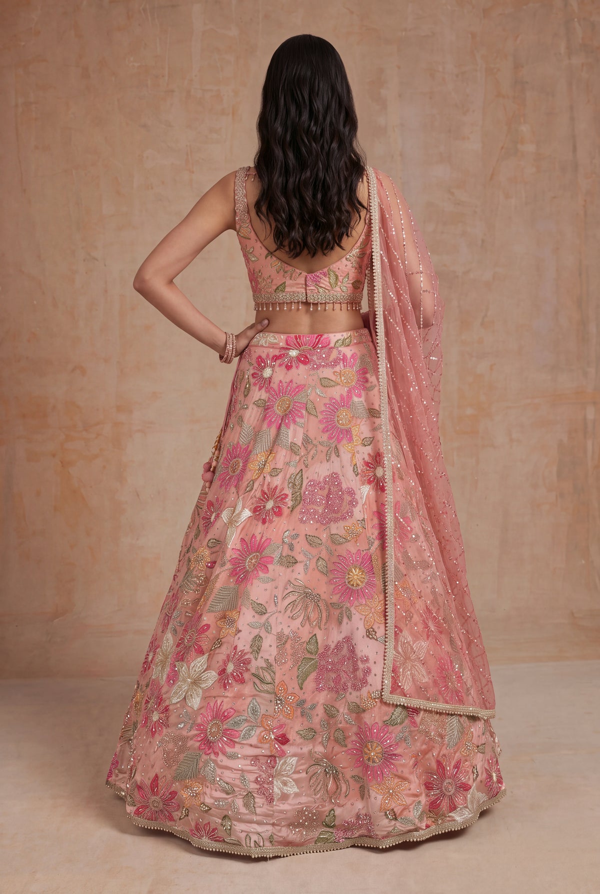 Peach Crepe Silk Lehenga - Mokshaa