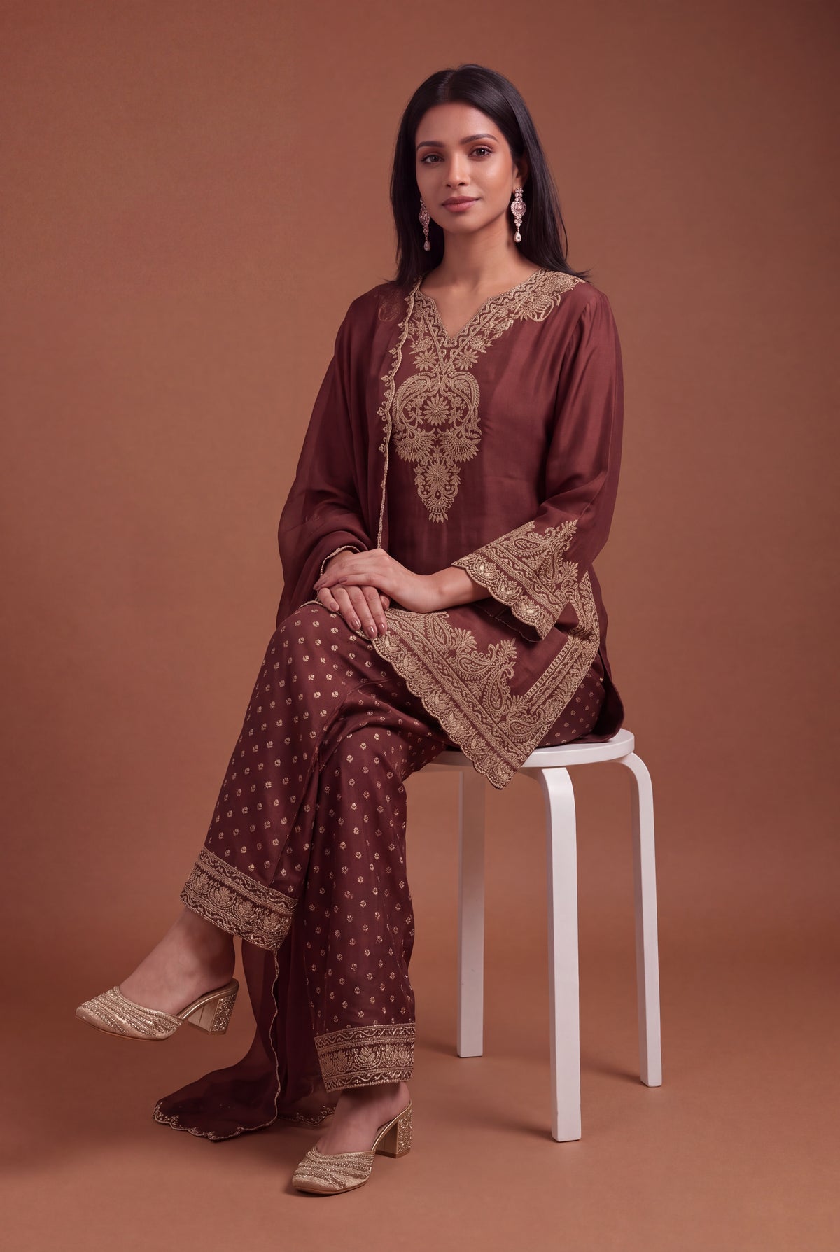 Brown Raw Silk Zardosi Indo-Western Set - Mokshaa