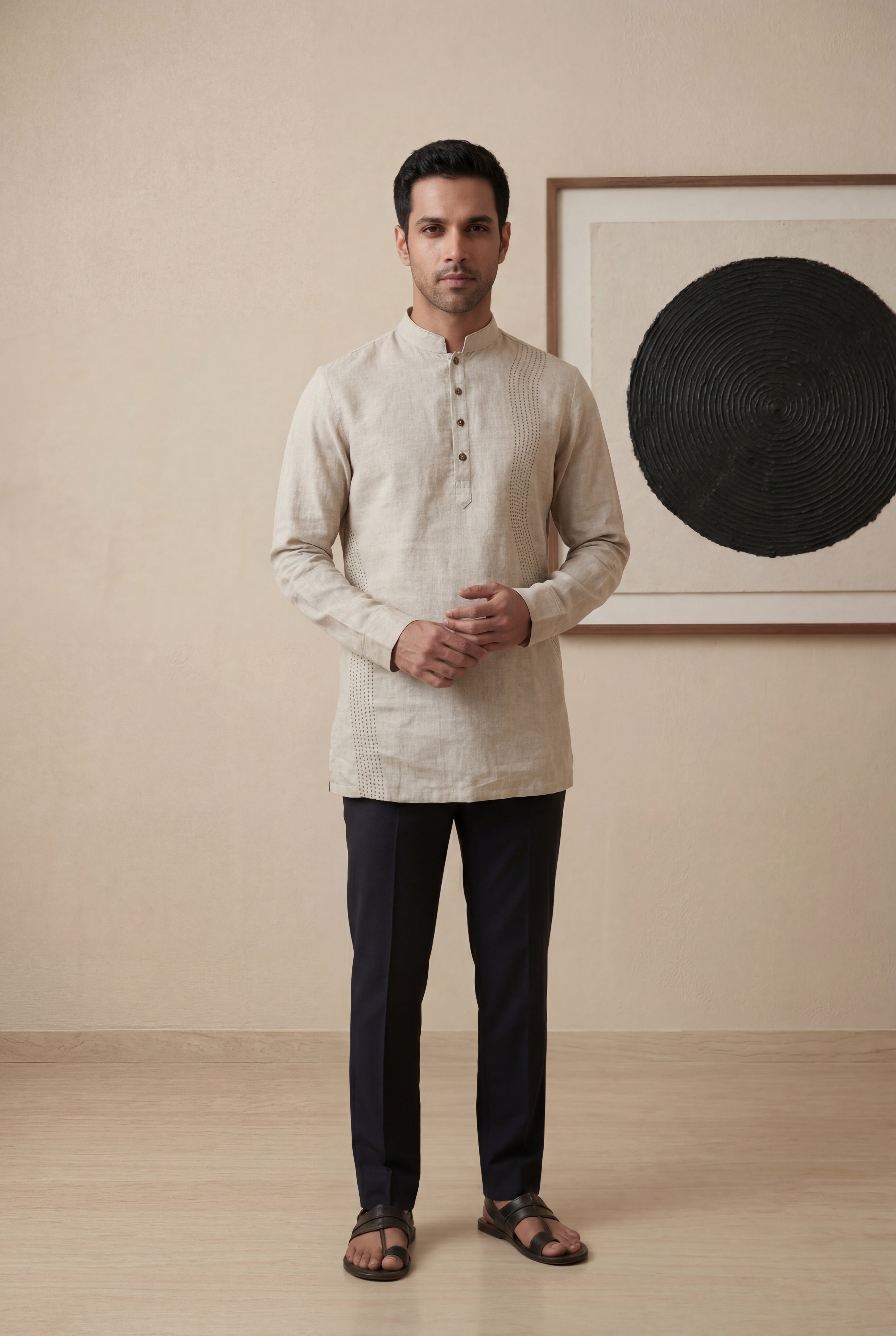 Beige Linen Short Kurta with Thread Detailing