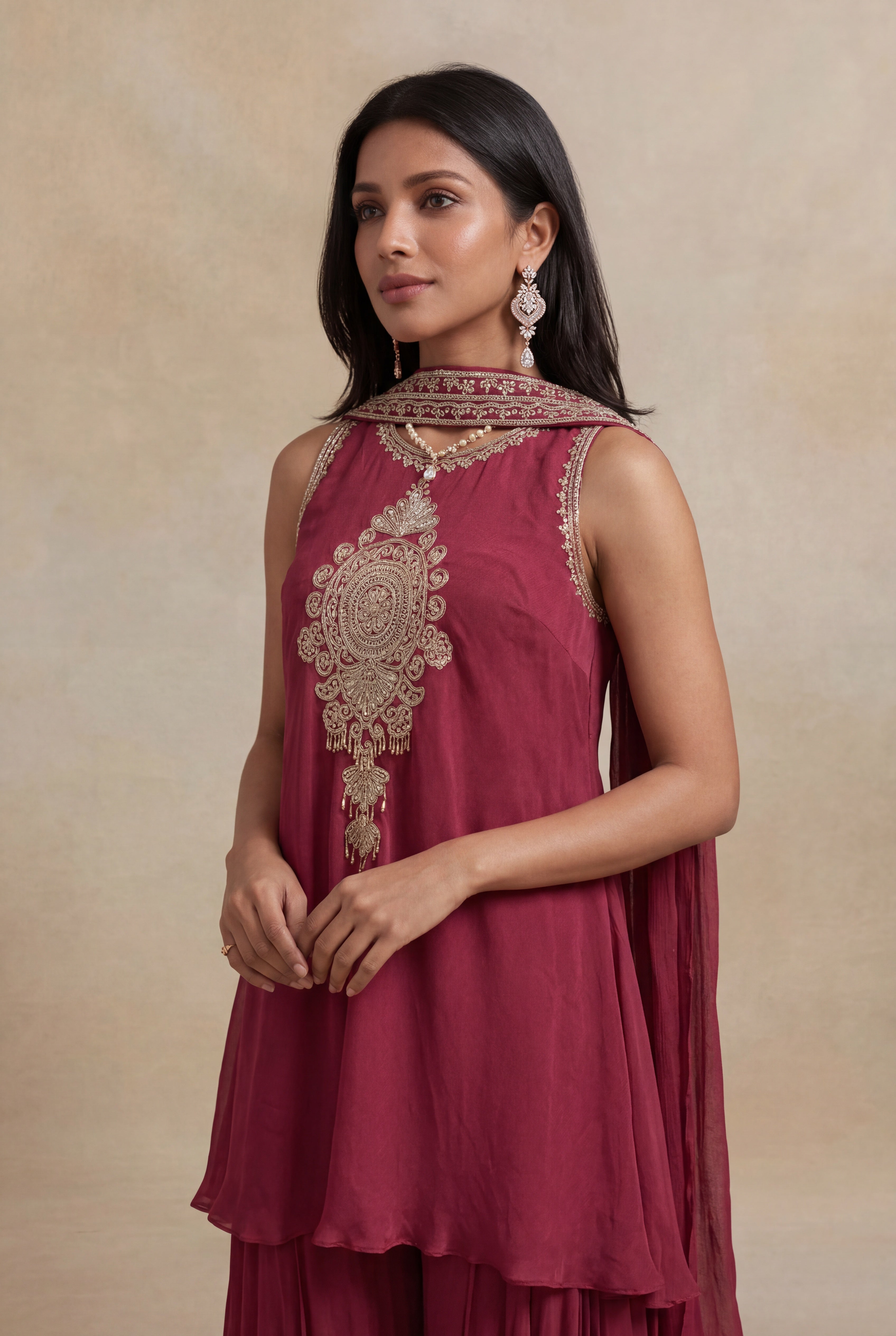 Rust Pink Chinon Georgette Indo-Western Kurta Set