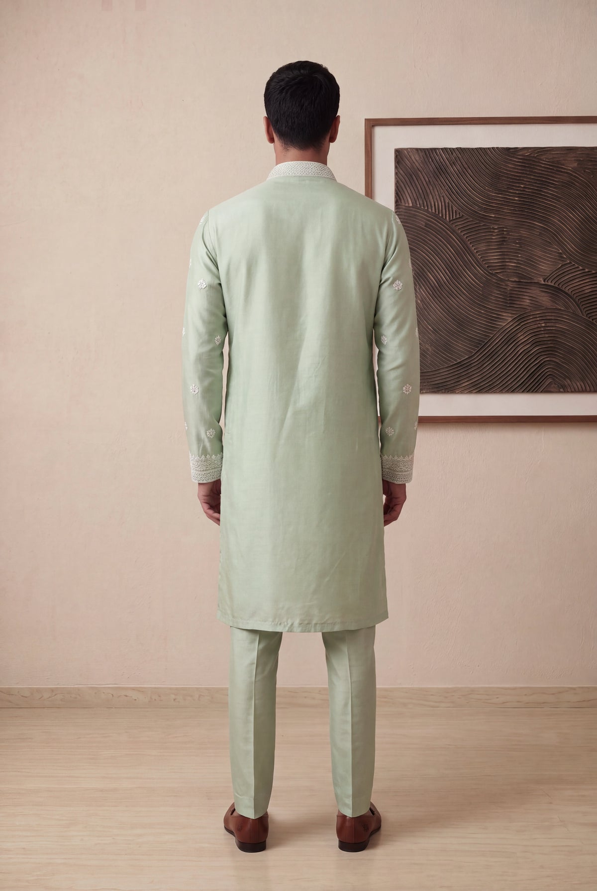 Sage Green Raw Silk Kurta Pant Set - Mokshaa