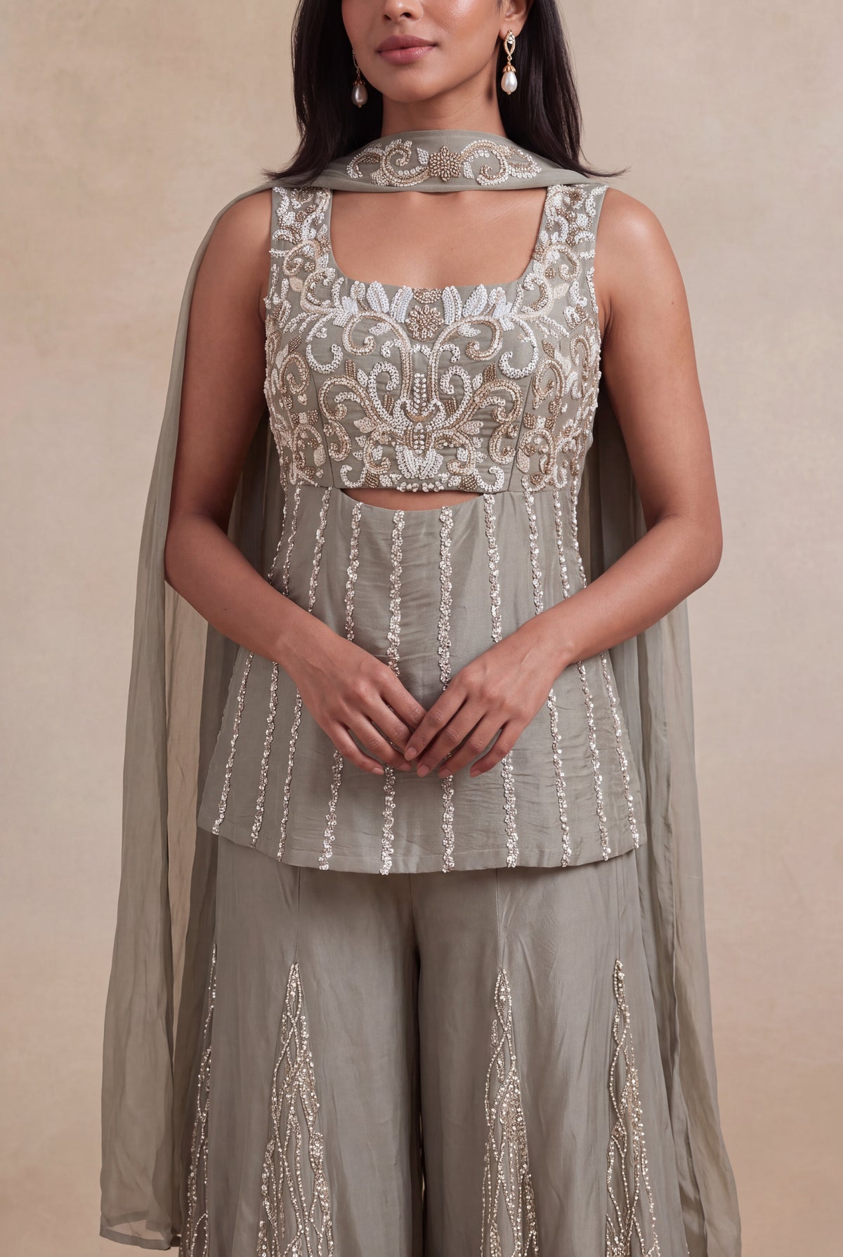 Grey Crepe Palazzo Set with Sequins & Katdana Work - Mokshaa